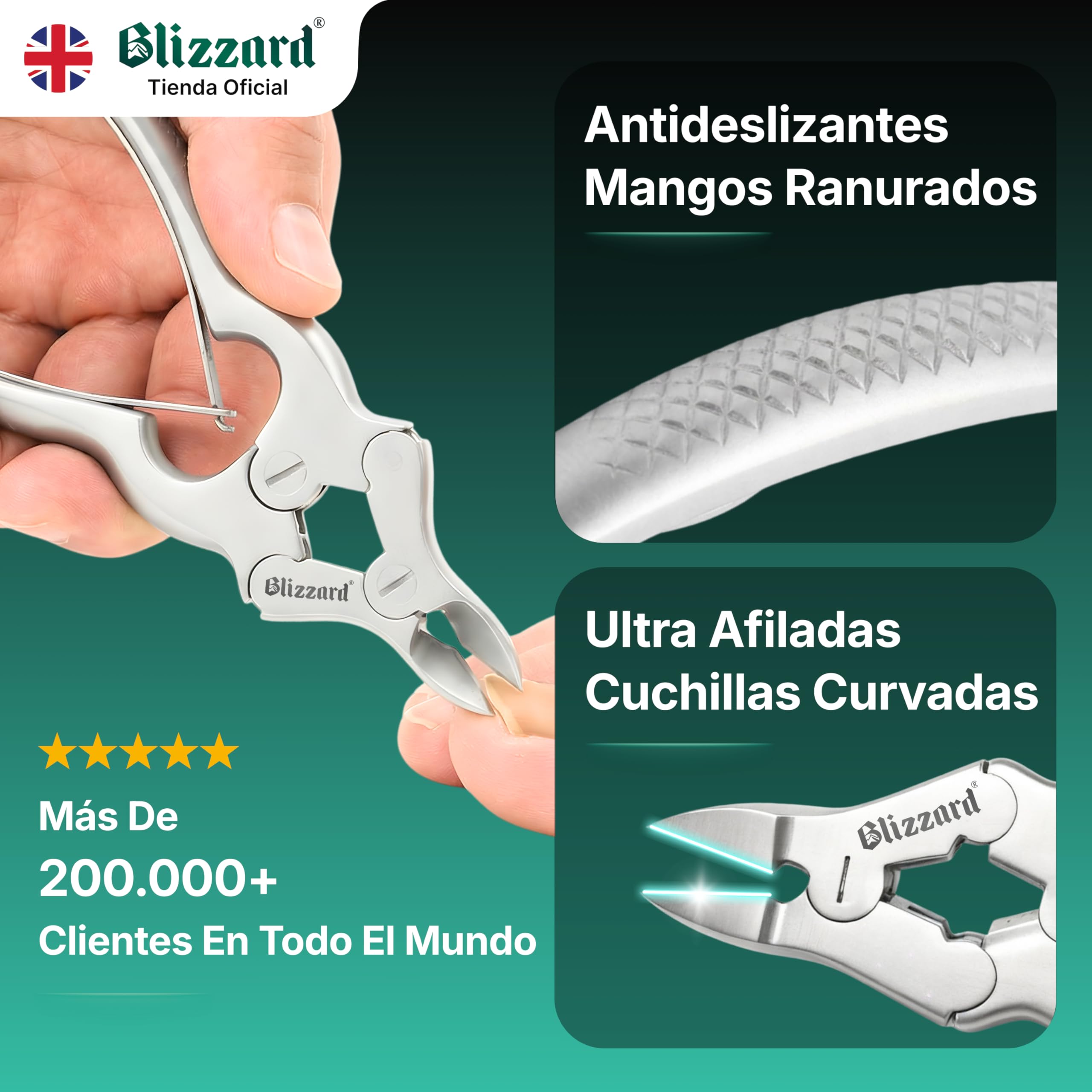 Blizzard Alicates Cortauñas Profesional para Pies - Corta Uñas de Alta Resistencia Triple Articulación para Uñas Gruesas y Encarnadas - Acero Inoxidable Grado Podología con Lima - 15cm Resorte Doble