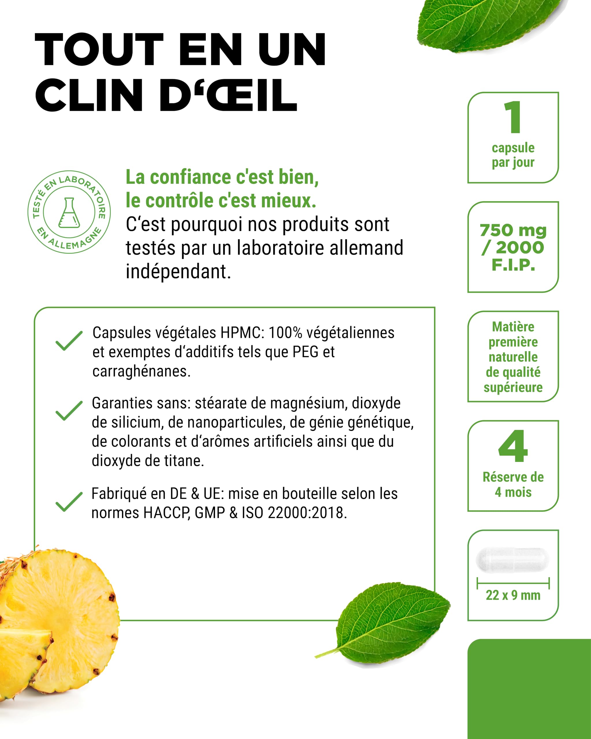 Bromélaïne Intenso - 750 mg (2000 F.I.P) - 120 Gélules Gastro-Résistantes - Extrait Naturel d'Ananas - Hautement Dosé