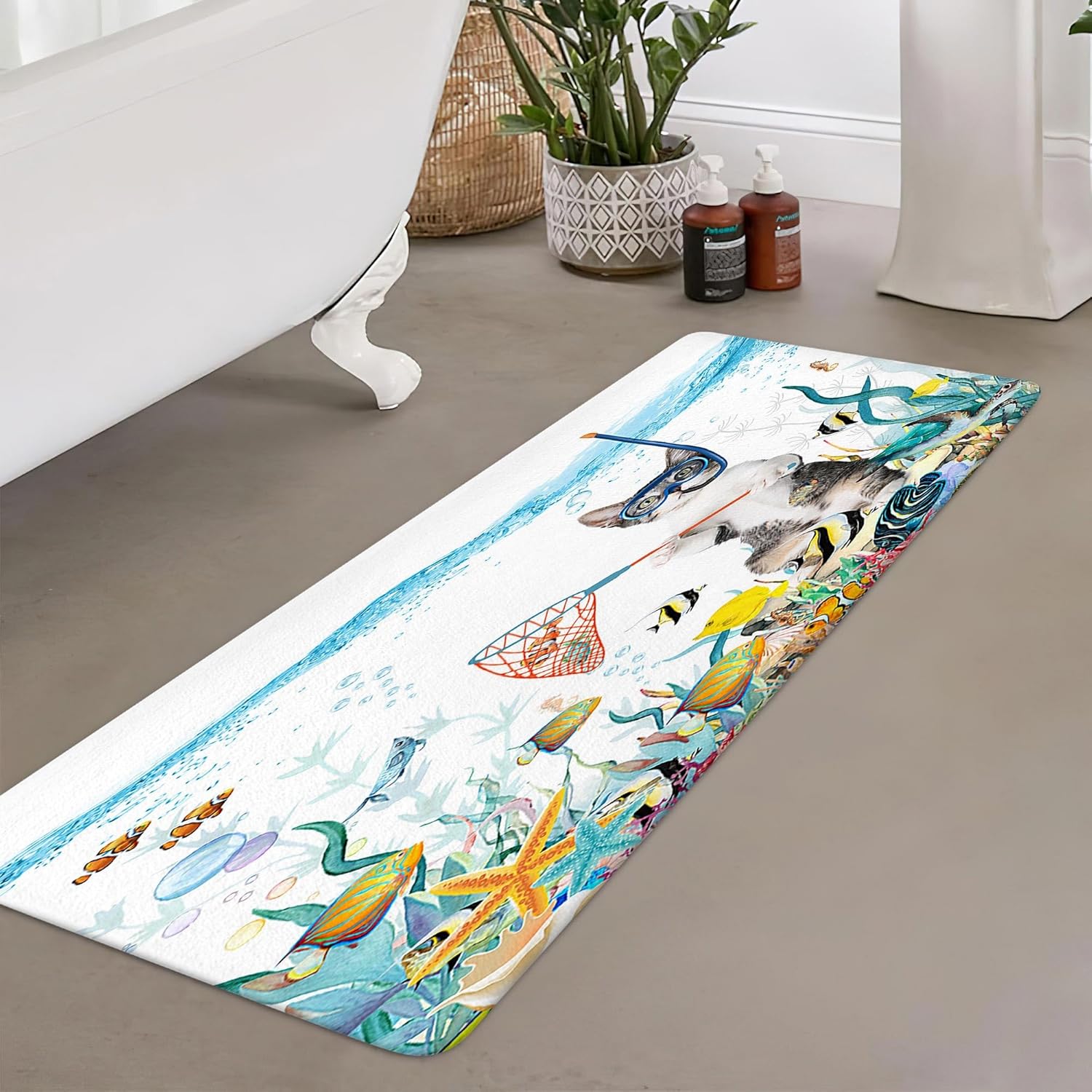 Funny Cat Bathroom Rugs, Ocean Sea Animal Bath Rugs, Teal Blue Sea Ocean Bath Mat with Animal Octopus Starfish Turtle Bathroom Rugs, Tropical Fish Coral Underwater Bath Mats, 17x48Inch, Blue