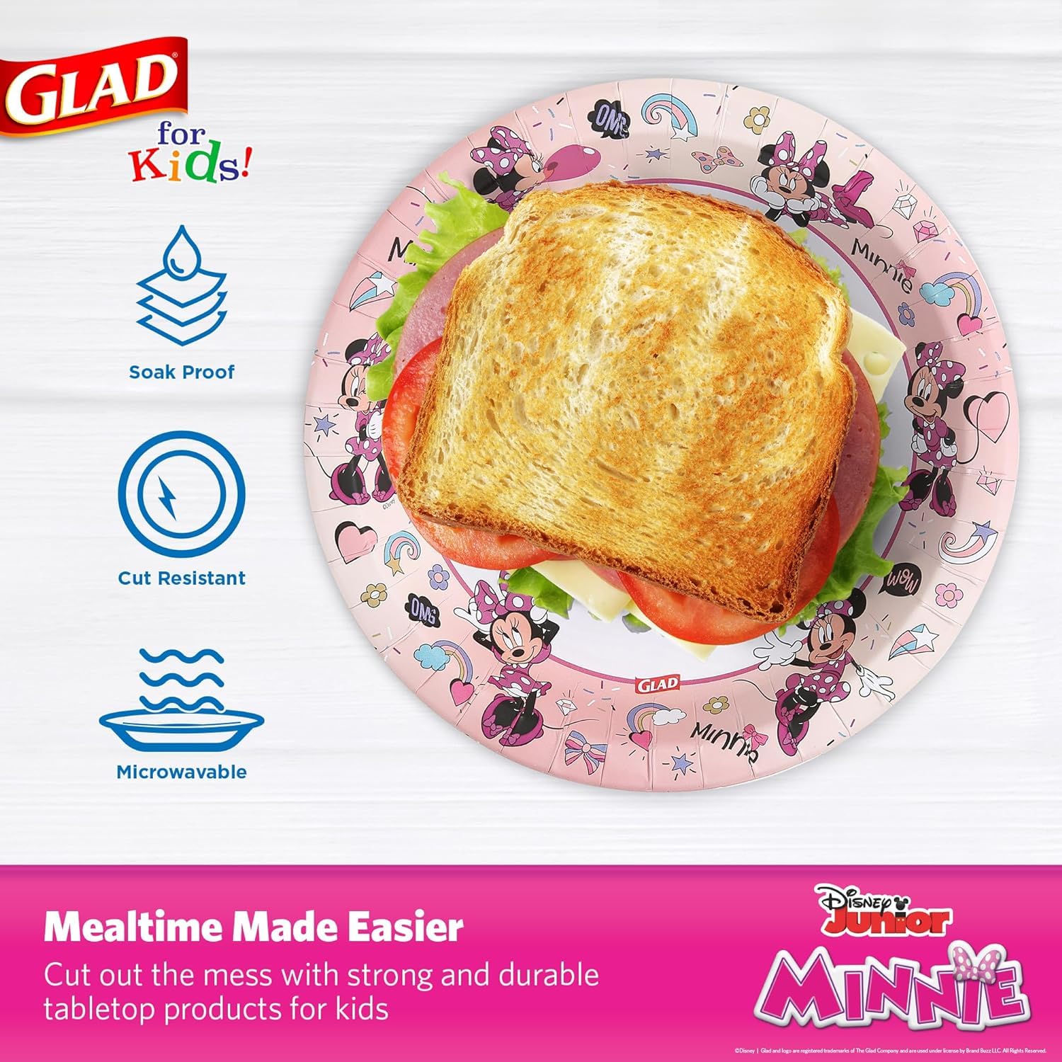 Glad for Kids Disney Mickey & Friends Pappteller mit Minnie Mouse rosa Punktemuster | Mickey & Friends Pappteller für den täglichen Gebrauch, Kinder-Snackteller, 40 Stück, 8 Stück