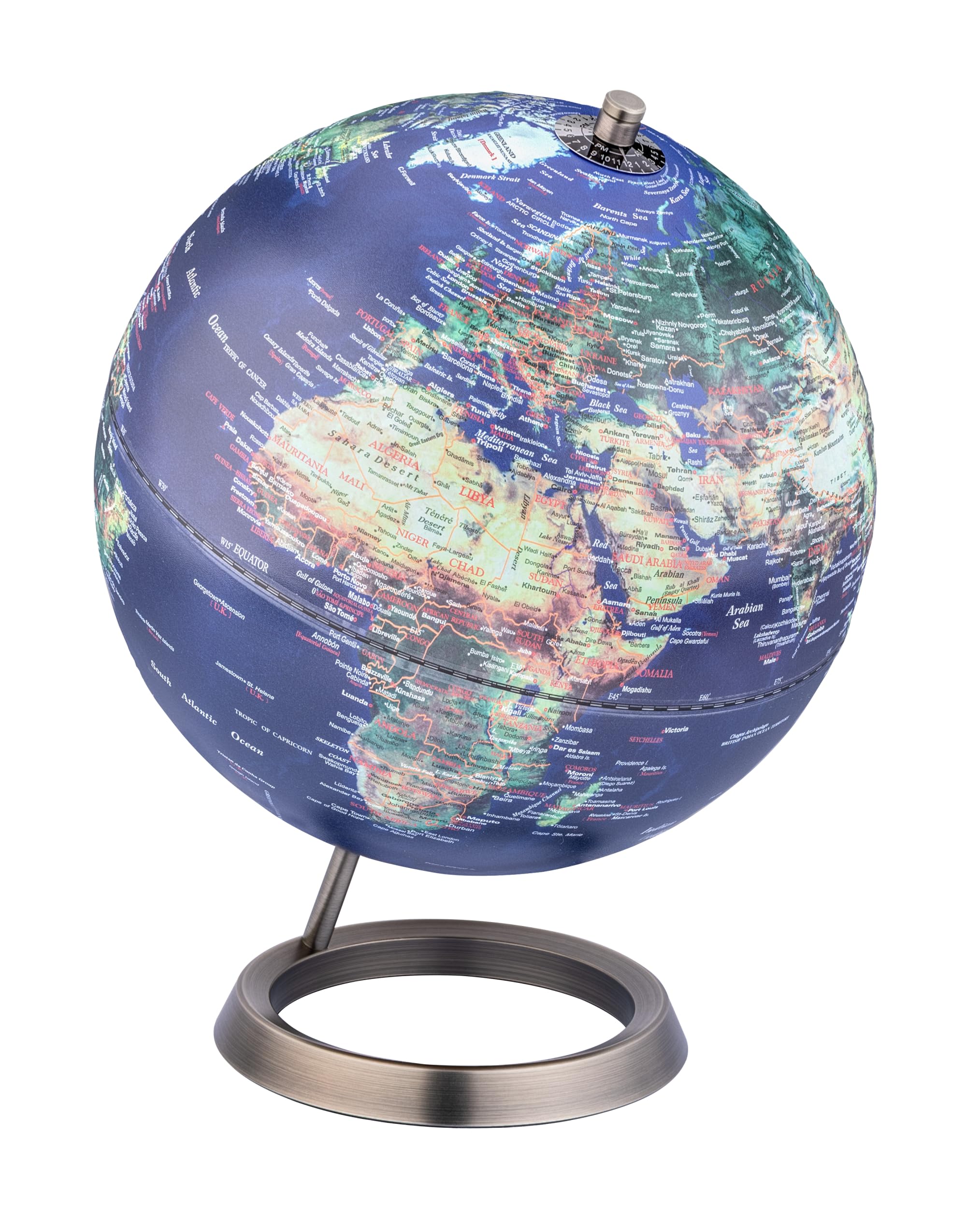 TROIKA Globe terrestre de 25 cm de diamètre à 23,5 degrés avec pied en métal chromé aspect brossé et inclinaison de 23,5 degrés sur l'axe mobile avec relief de carte en plastique, métal bleu, vert