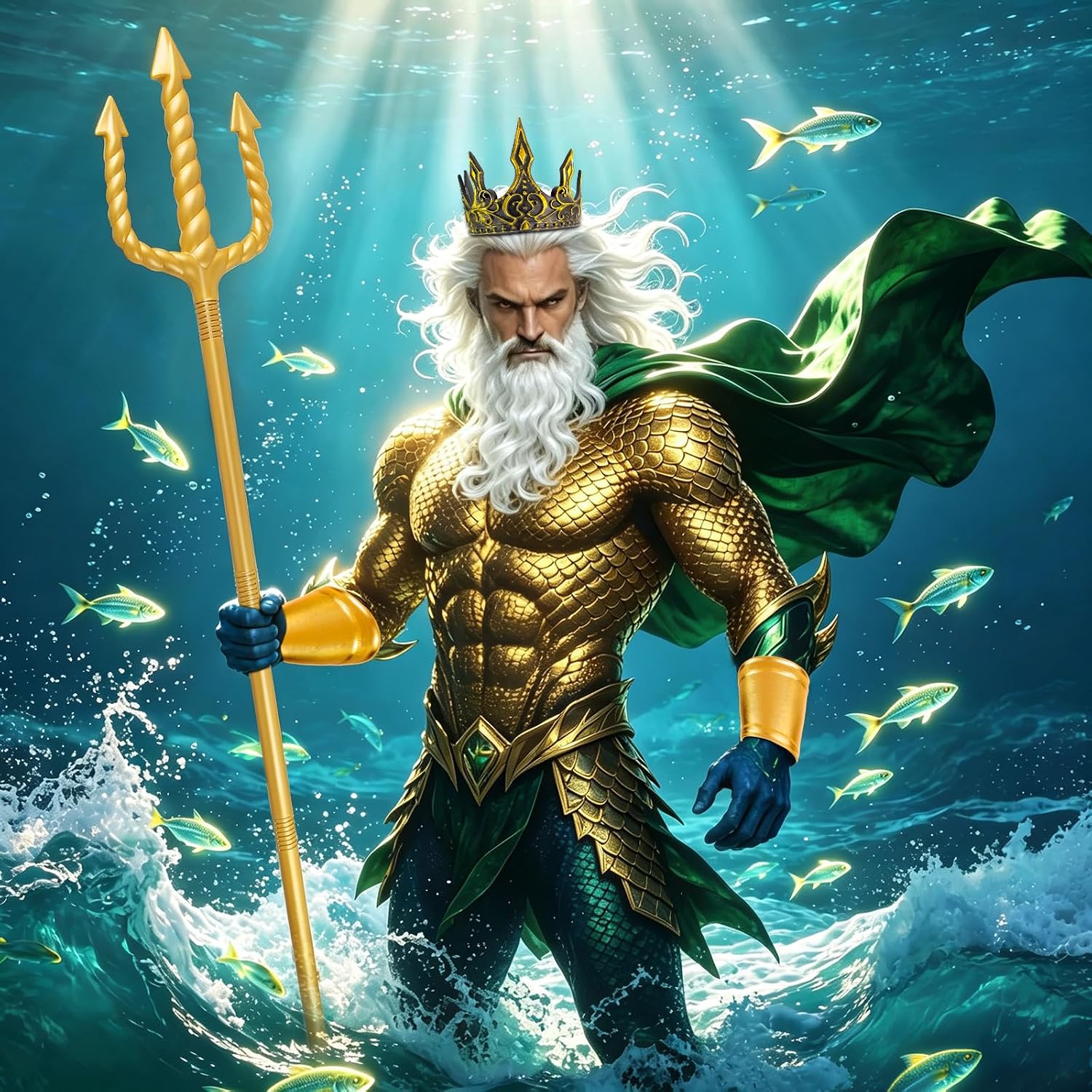 Yewong Halloween Sea King Costume Accessories Gold Trident Crown Wrist Cuffs and Wig Beard for Merman Cosplay