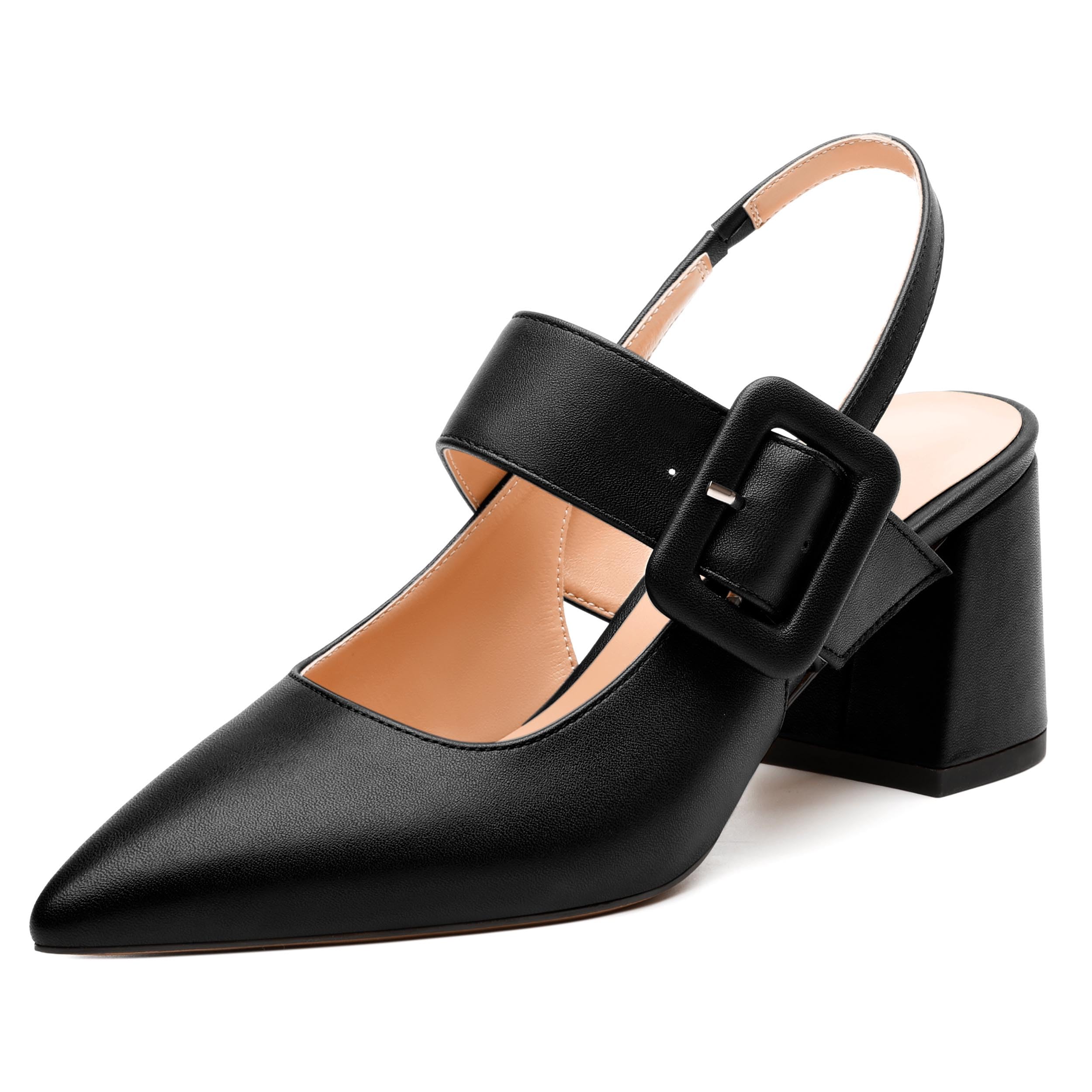 RLYGHWAO Women's Slingback Pumps, Pointed Toe Mid Heels, Adjustable Buckle Fashion Solid Color Chunky Heel Shoes for Women