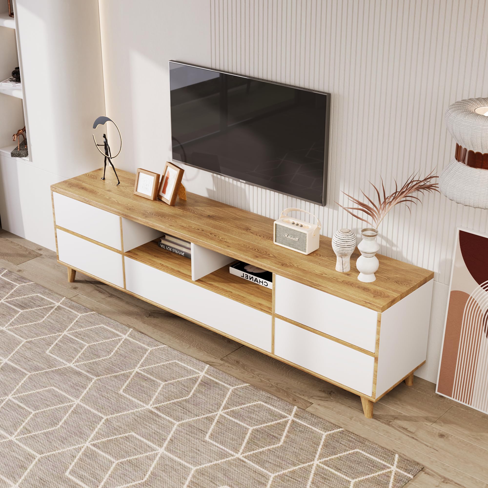 Meuble TV Blanc Design Incurvé 175 Cm - Fonction Push-to-open, Rangement Optimisé Et Gestion Des Câbles
