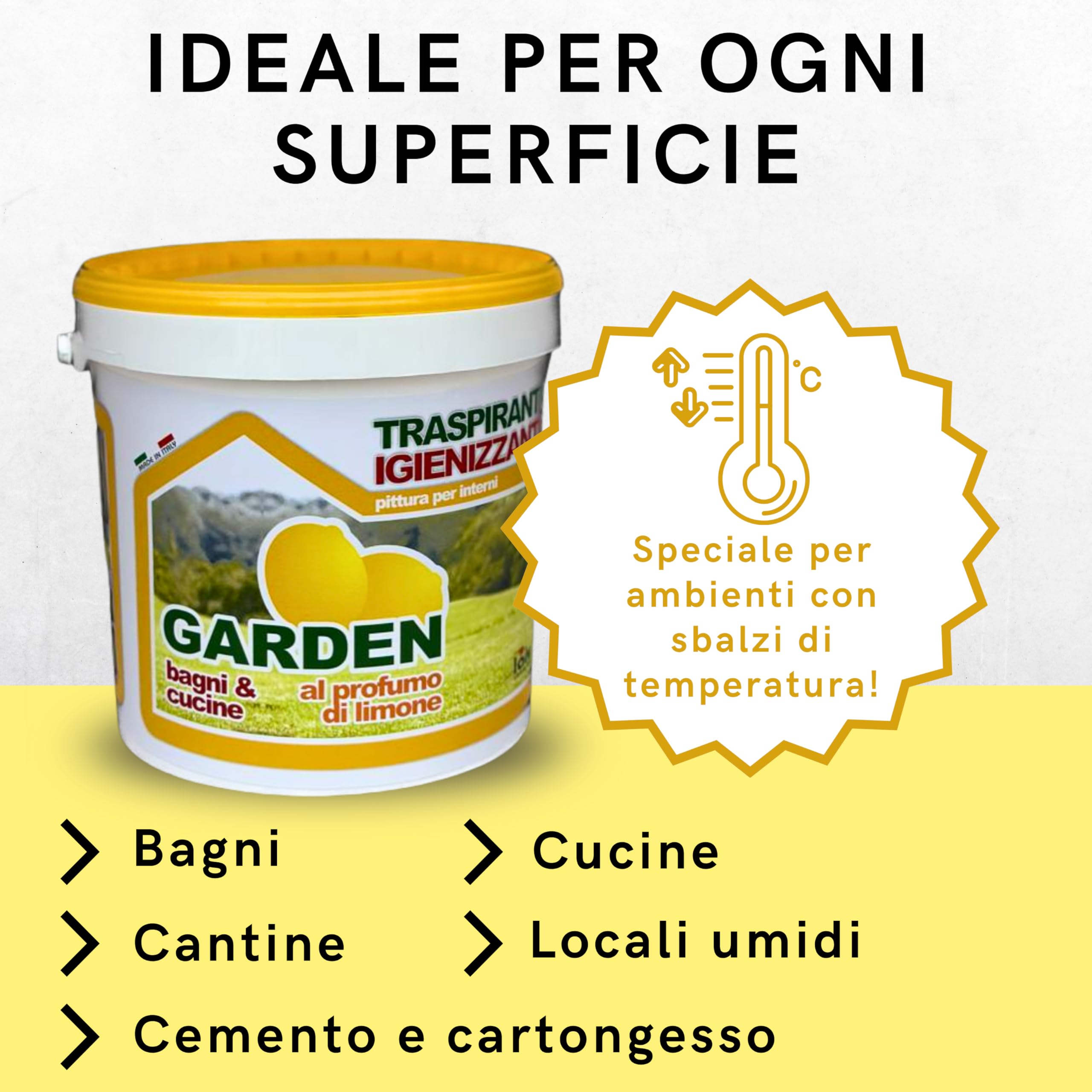 laiv Pittura Traspirante Igienizzante per Interni al Profumo di Limone – Ideale per Bagni e Cucine – 13 LT - Alta Copertura e Resa 12–14 m²/L – GARDEN