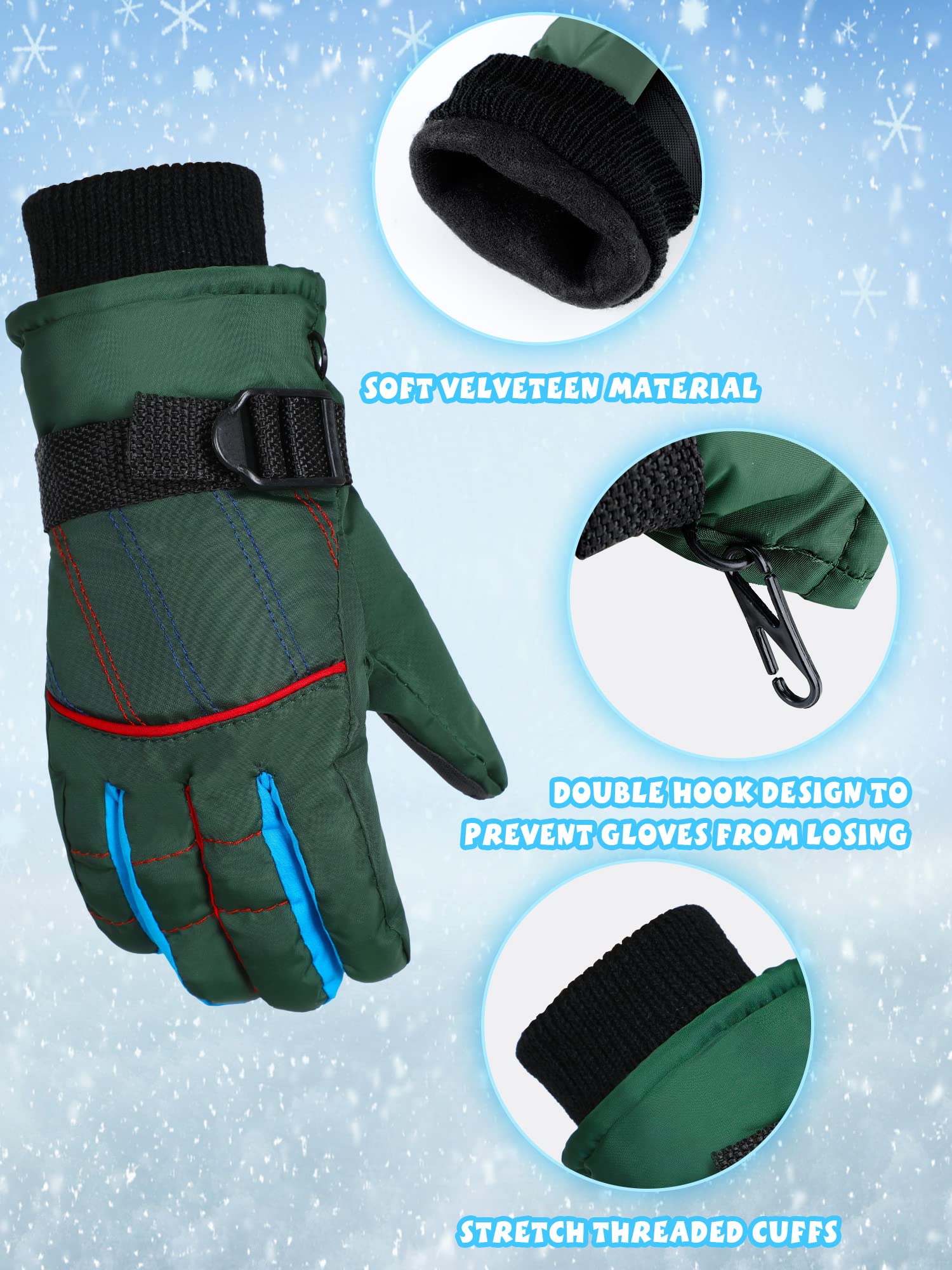 Bencailor 6 Paia di Guanti Invernali Impermeabili Antivento per Bambini (6-10 anni, Rosso, Verde, Blu, Viola, Nero, Rosa)