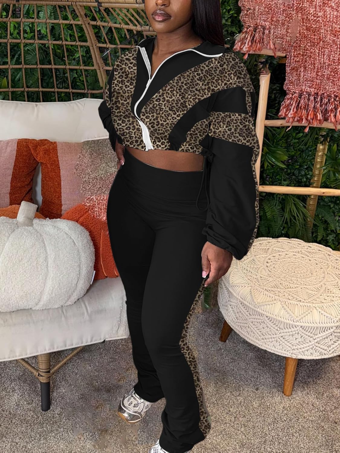 Women 2 Piece Outfit Long Sleeve Zip Up Crop Jacket High Waist Stretchy Pants - Image 4