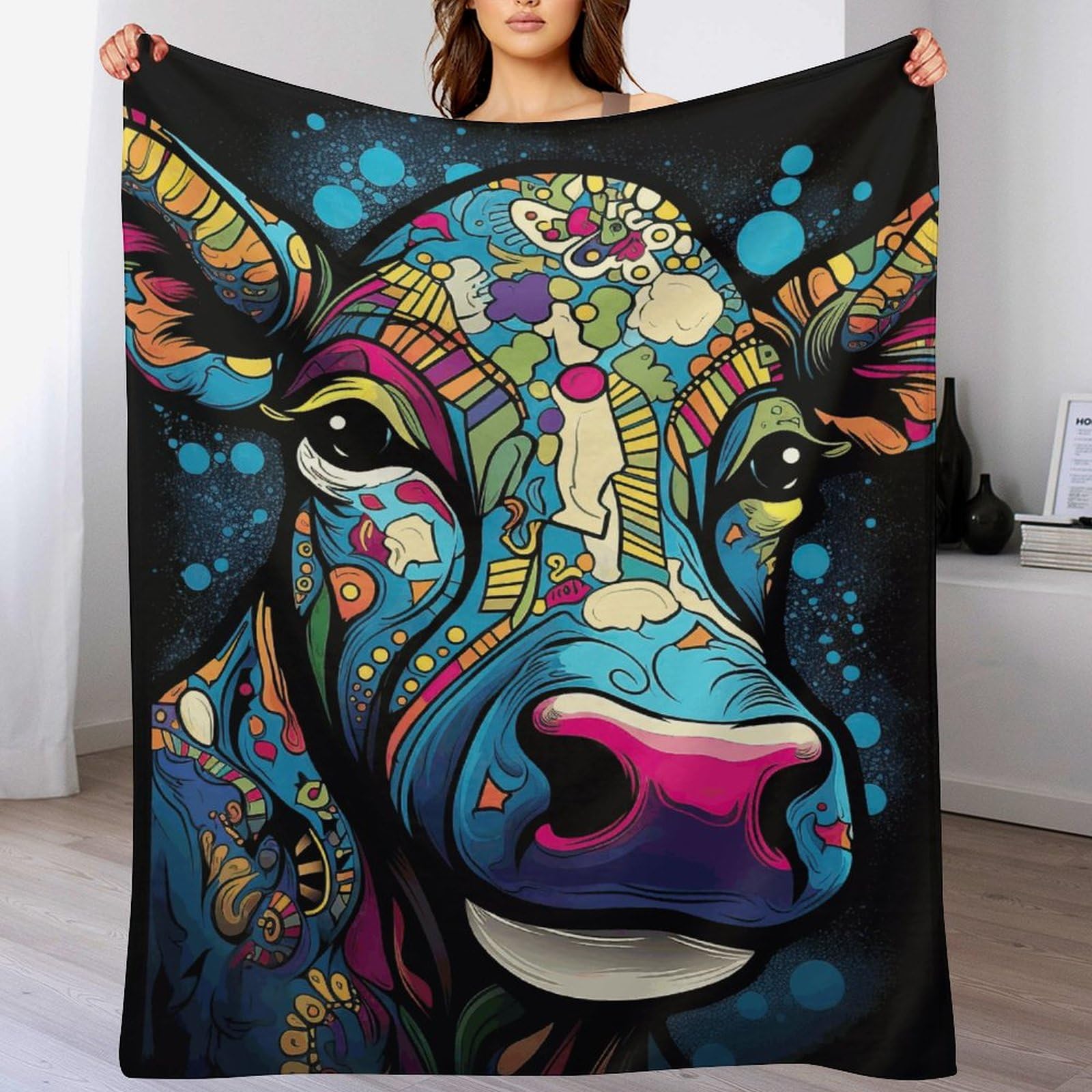 Plaid couverture jeté flannel motif vache 100x130 cm pour canapé