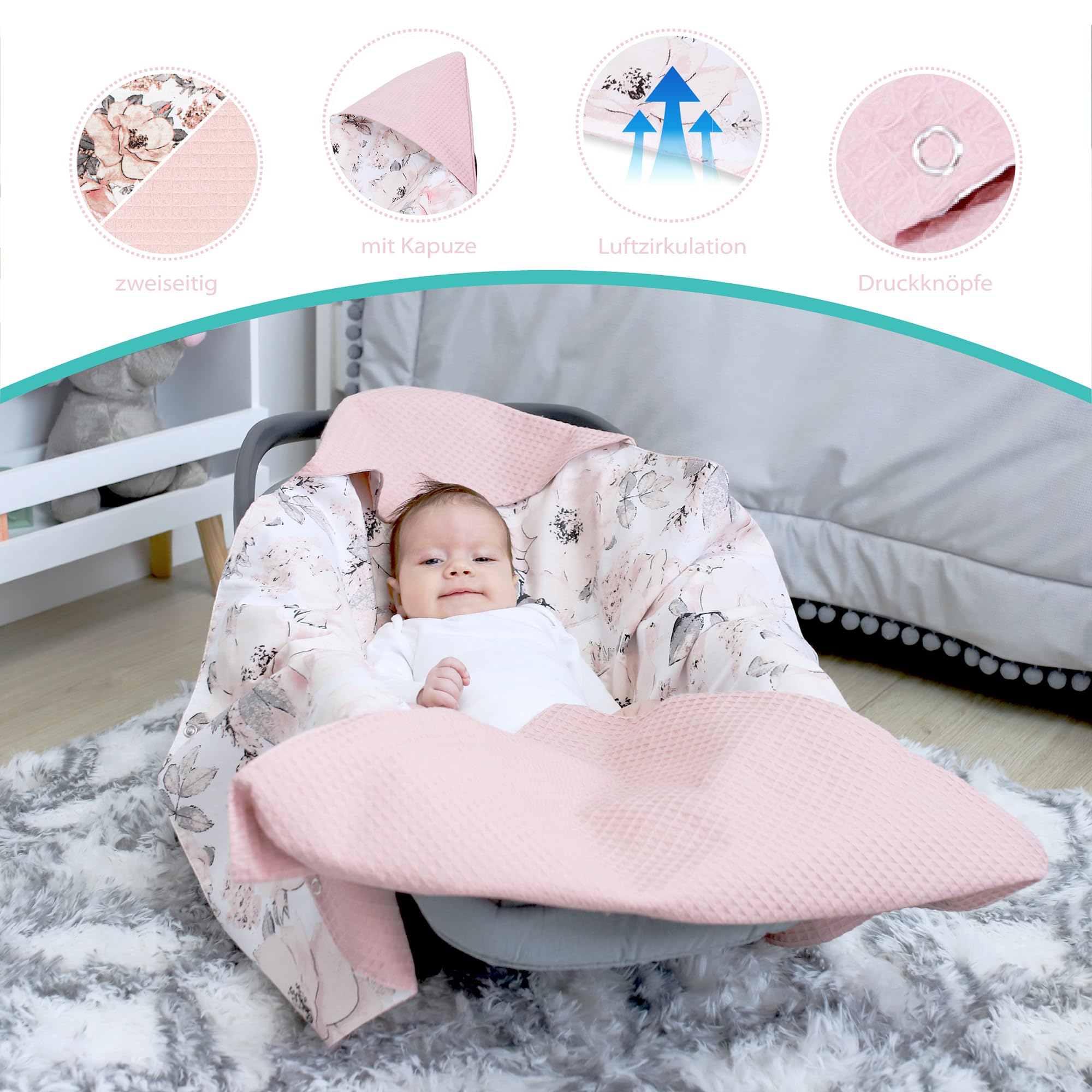 Totsy Baby Coperta per seggiolino auto universale per tutte le stagioni, in piquet di cotone, a nido d'ape, rosa selvatica, rosa sporco