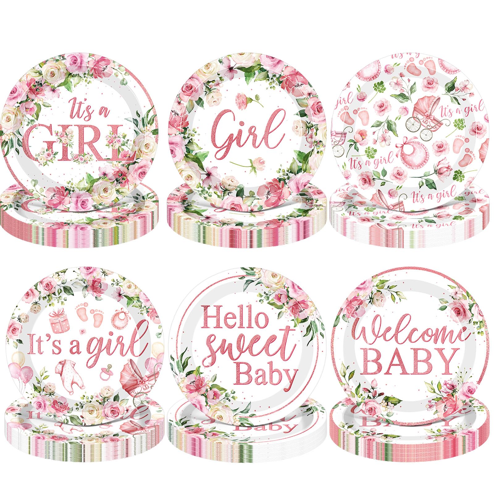 Funnymoom 60 Pcs 7 Inch Baby Shower Paper Plates Girl Pink Floral Baby Shower Plates Decorations Sweet Tableware It's a Girl Party Supplies Favors for