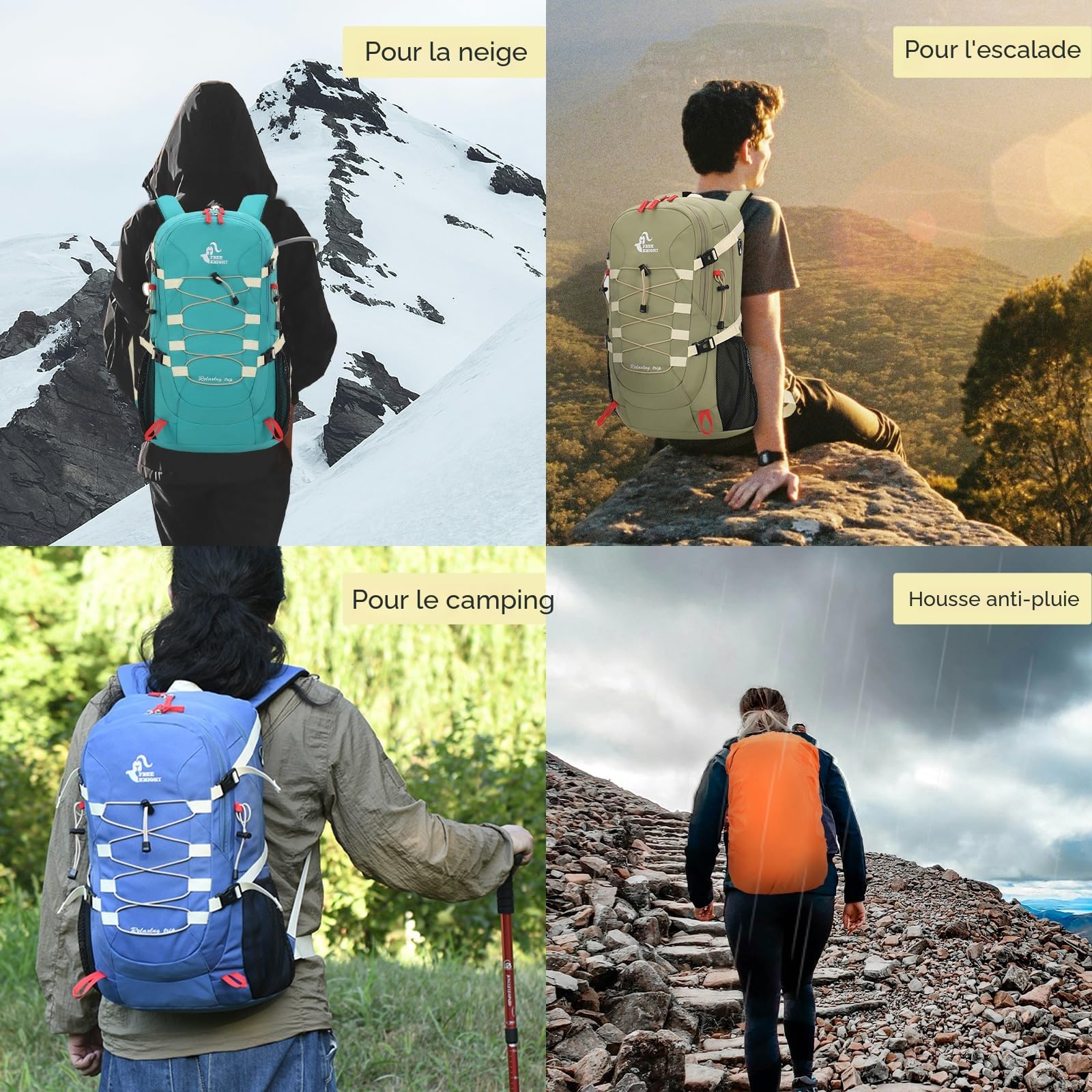 Bseash Sac à dos de randonnée/de voyage léger et imperméable 40L avec housse de protection contre la pluie, pour le sport en extérieur, pour le camping, l'escalade, le ski et le cyclisme