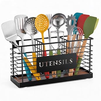 3 Compartments Kitchen Utensil Holder Utensil Holder for Kitchen Counter Kitchen Worktop Utensil Organiser Pot Holder with Wooden Board - Modern Kitchen Organiser for Pots Bowls & Utensils