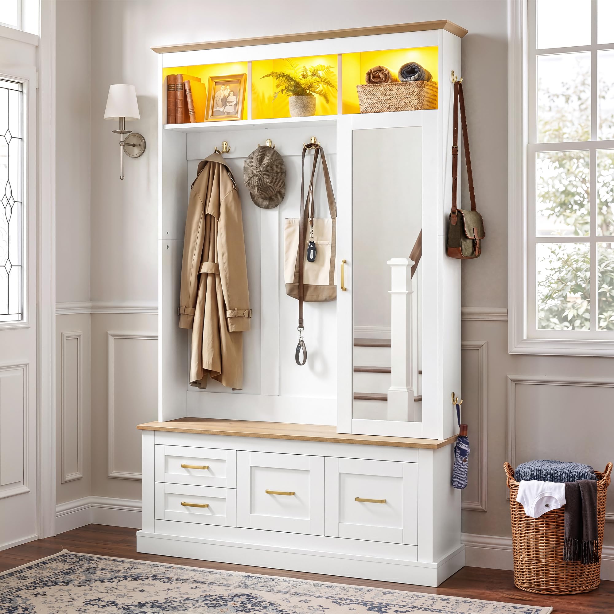 Perchero compacto con espejo, banco, zapatero, gancho, perchero, cómoda con puerta de espejo, juego de muebles de pasillo, armario para pasillo, armario para pasillo, color blanco