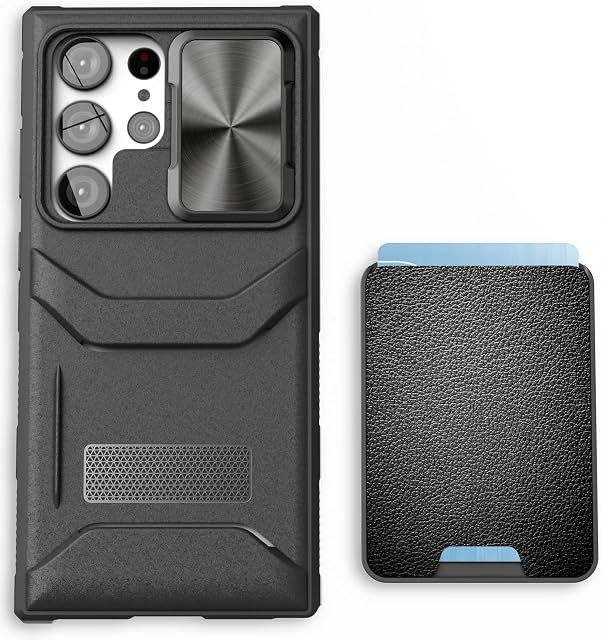 Encased Card Holder Case for Samsung Galaxy S23 Ultra with Wallet and Camera Cover Lens Protector (Black)