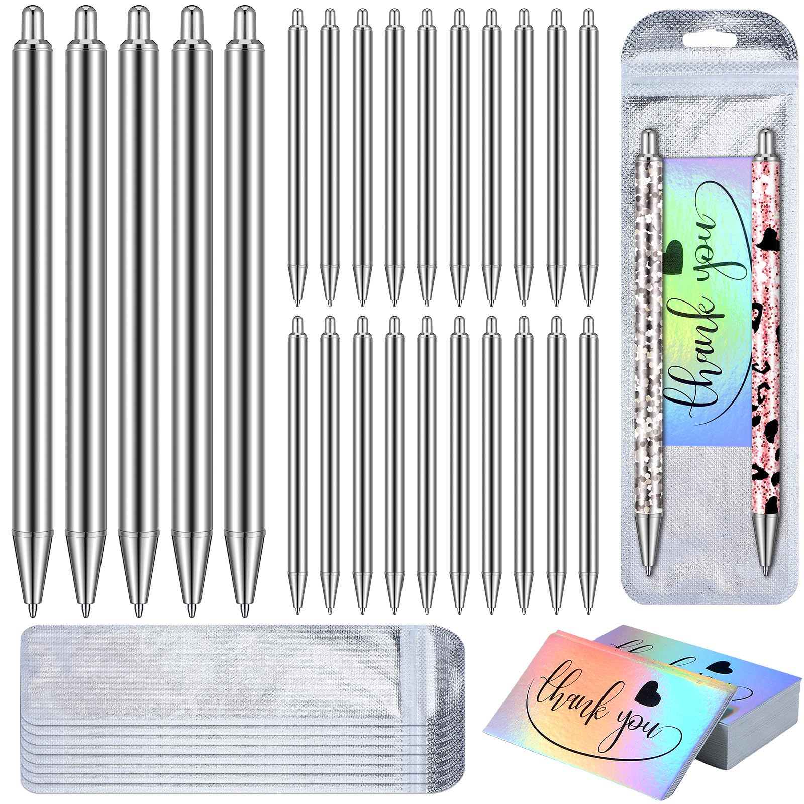 25 Set Stainless Steel Pen Blanks Resealable Pouch Bag and Holographic Thank You Cards Set for DIY Glitter Pen Epoxy Pen Pen Wrap Resin Pen Craft Blanks Gel Pen