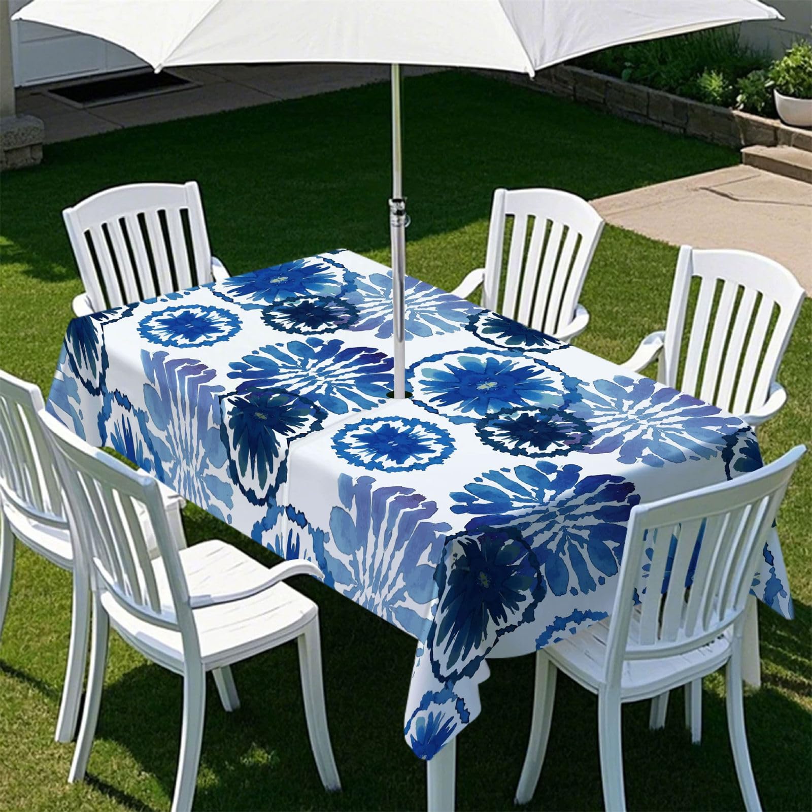 Morbuy Garden Tablecloth Rectangular with Umbrella Hole, Ethnic Style Outdoor Tablecloth with Zip, Waterproof Table Cloths Rectangle Stain Resistant Table Cloth (Tie Dye Style,120x60inch)