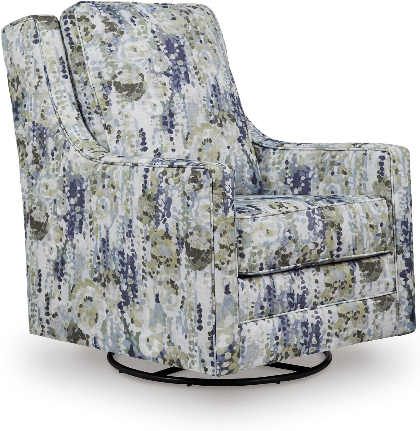 Signature Design by Ashley Dustinford Contemporary Abstract Floral Swivel Glider Accent Chair with Reversible Cushions, Blue & Green