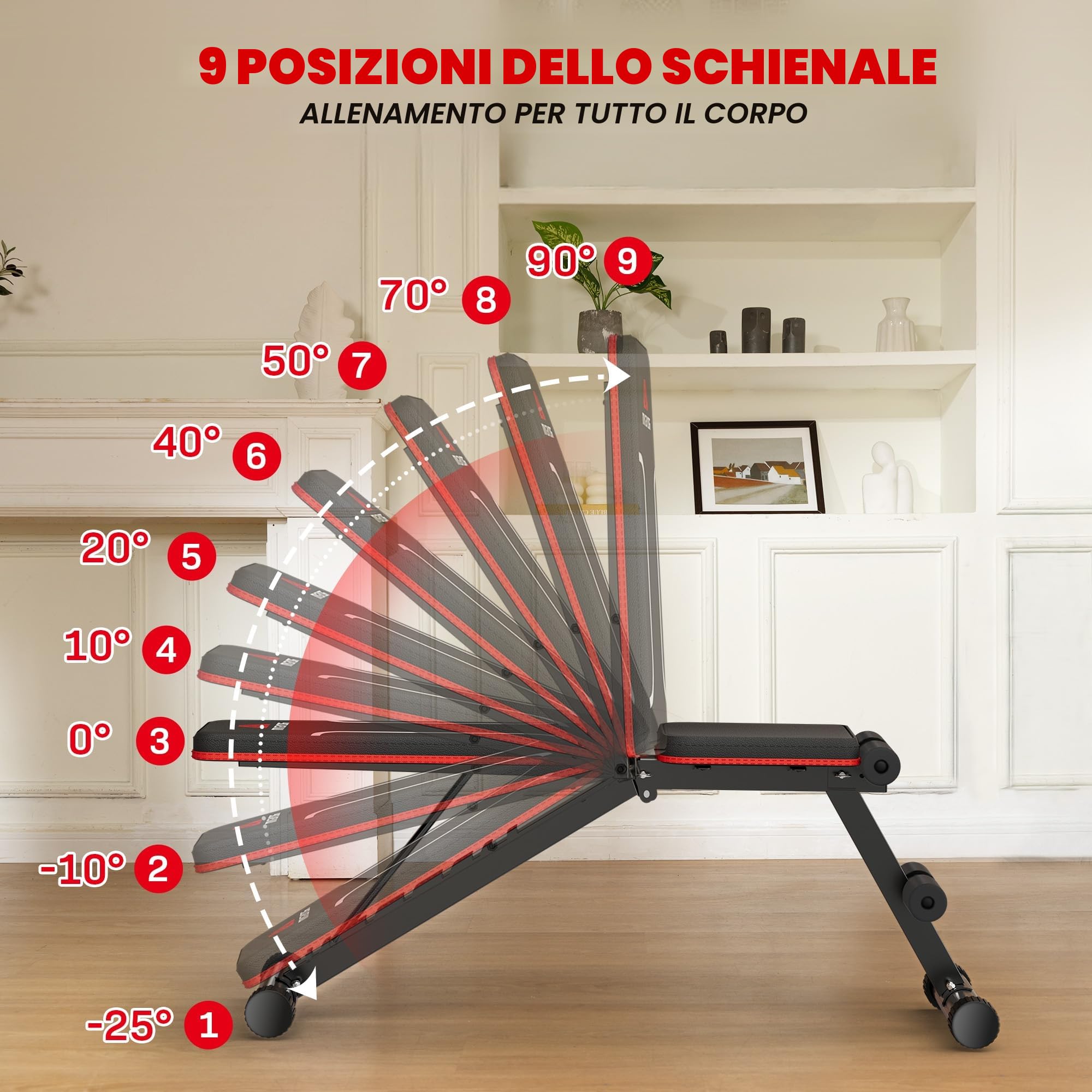 Panca Palestra Pieghevole, Panca Piana con schienale regolabile, Panca pieghevole multifunzione per allenamento, fitness, panca inclinata, carico 300 kg/400kg