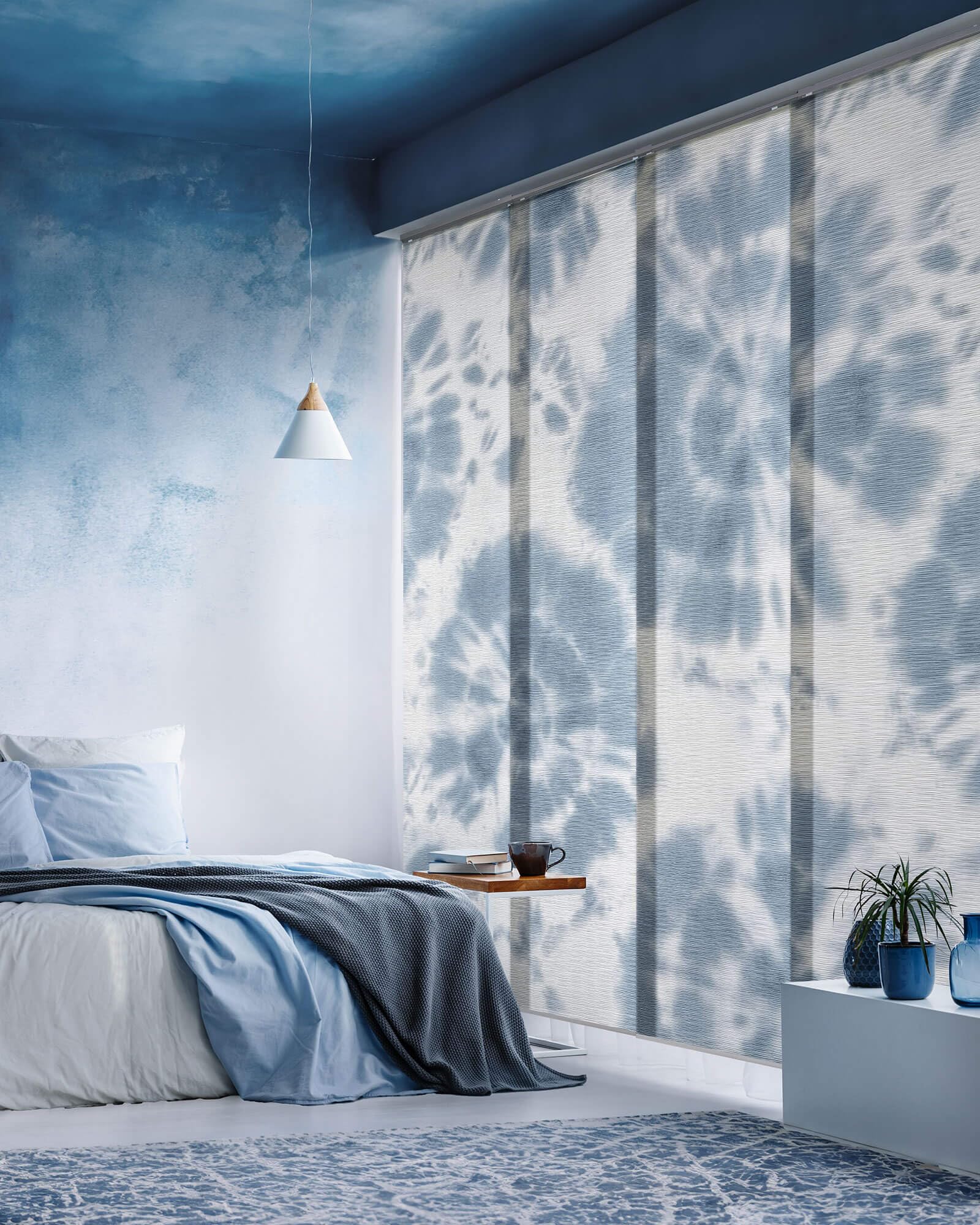 GoDear Design Adjustable Sliding Track Vertical Blinds 45.8"- 86" W x 96" H, Extendable Blinds for Windows, Closet Doors, Trimmable Woven Fabric Panel Curtians, Tie Dye Style Shades, Indigo Blossom