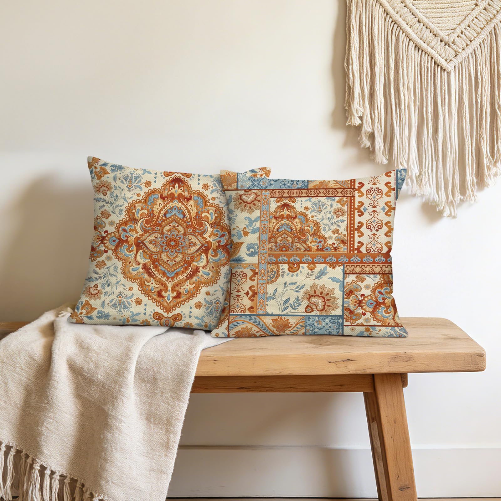 Bonhause Boho poszewki na poduszki dekoracyjne 45 x 45 cm, zestaw 2 sztuk, vintage, boho, etniczny, dywan, brązowy, pomarańczowy, niebieski, kwiaty, liście, na zewnątrz, dekoracyjne poszewki na