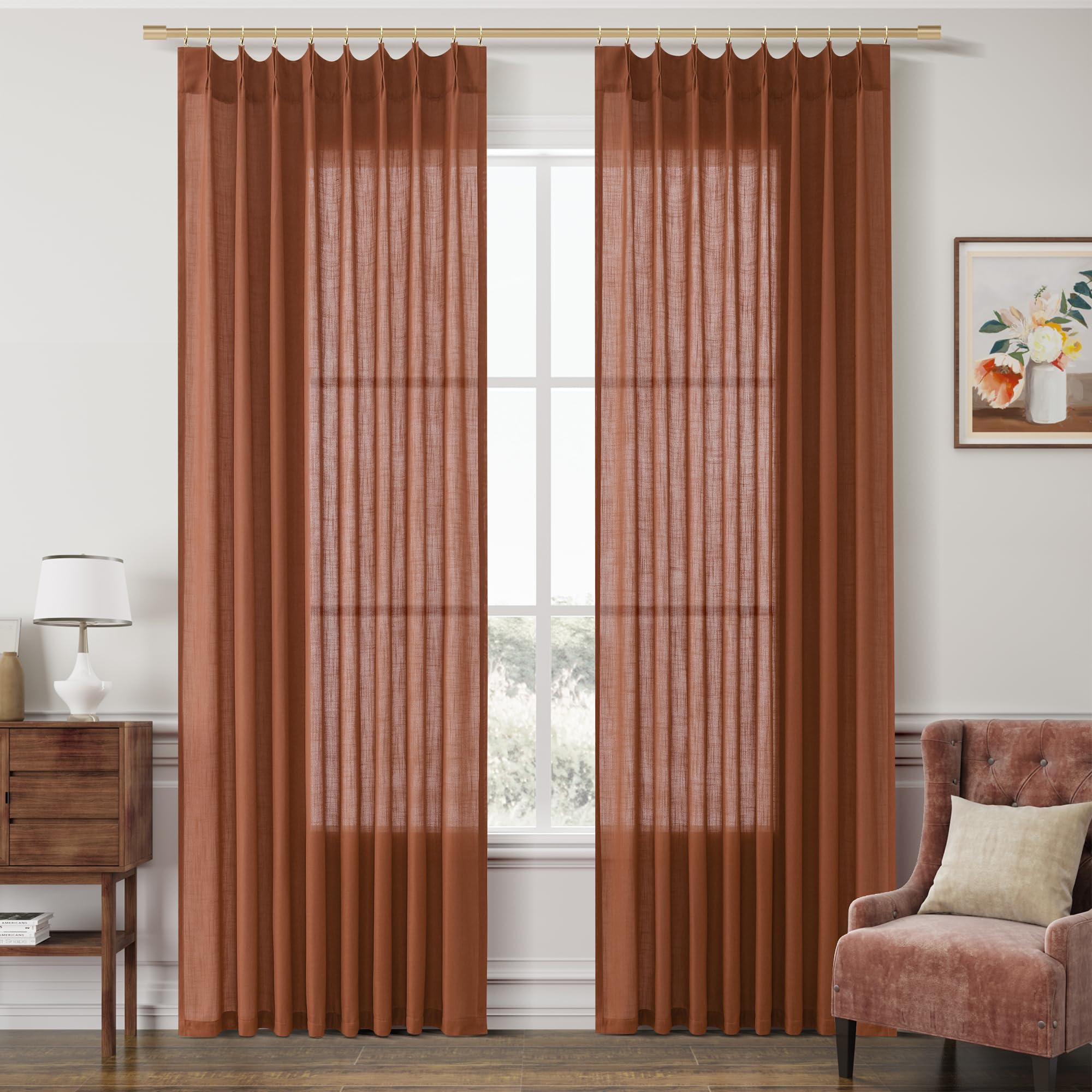 Joywell Linen Pinch Pleated Curtains 90 Inch Long,Back Tab Clip Rings Semi Sheer Light Filtering Drapes with Hooks Elegant for Bedroom Living Dining Room,W50 x L90,Terracotta,2 Panels Set