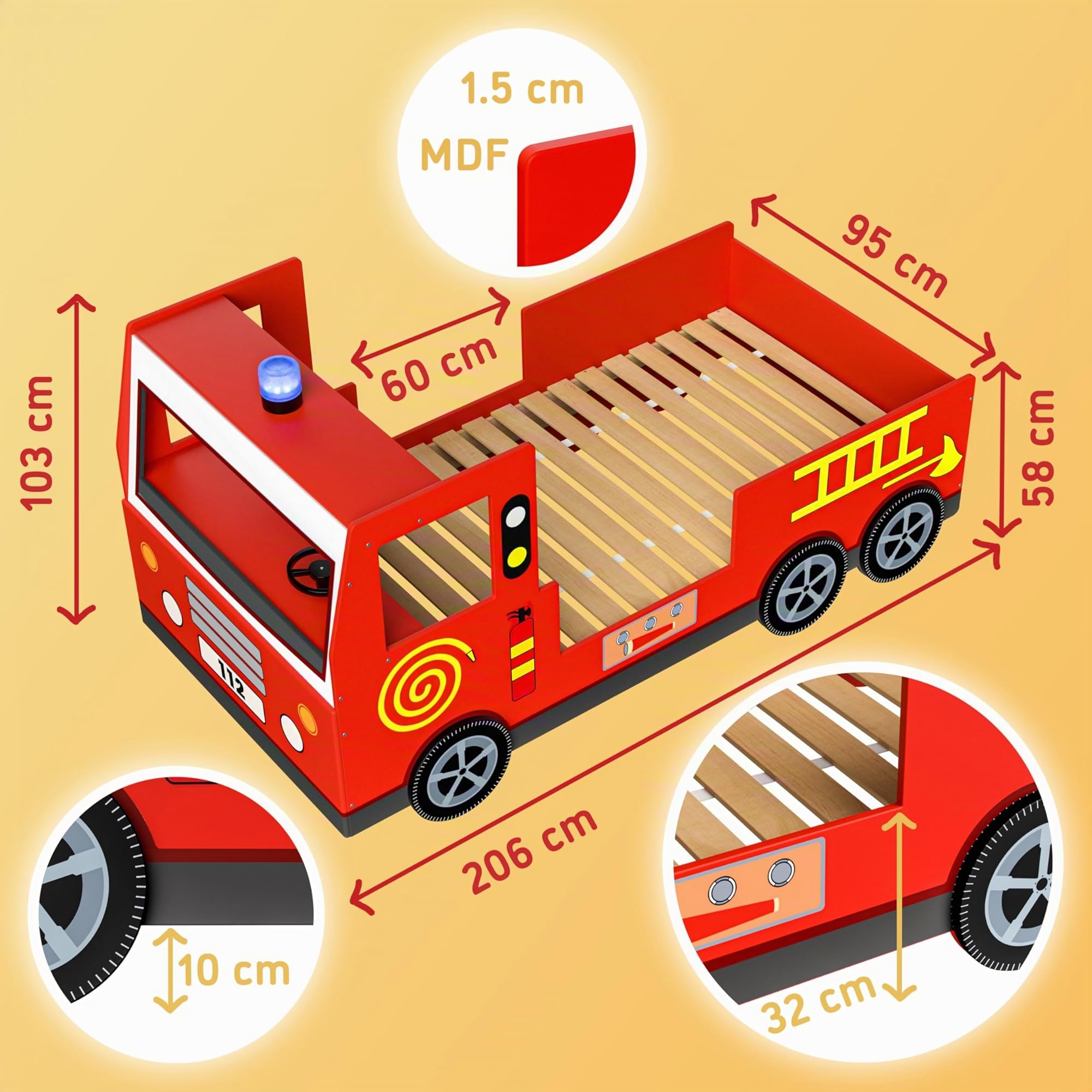 CASARIA Kinderbett 90 x 200 cm mit Rausfallschutz Lattenrost 120 kg | Bis 120 kg belastbar, stabiles MDF-Verbundholz, mit Echtlicht Sirene, 3D Lenkrad, Feuerwehr-, Jugend-, Auto- Bett