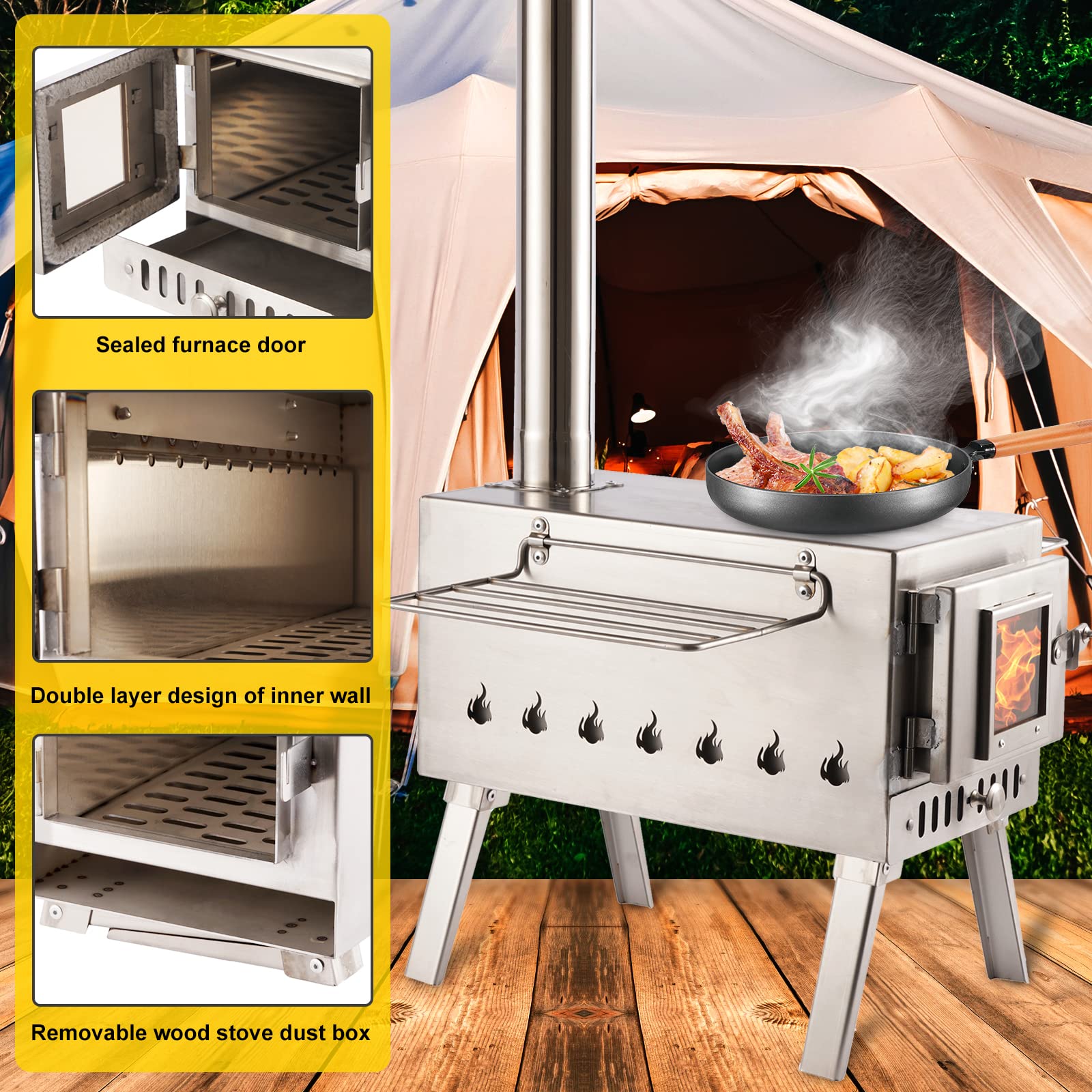 Amazon.com: Laaioo wood burning stove indoor,hot tent stoves wood  burning,Double-layered With fire box and side window glass Camping Wood  Stove,Outdoor Cooking and Heating (wood stove) : Home u0026 Kitchen