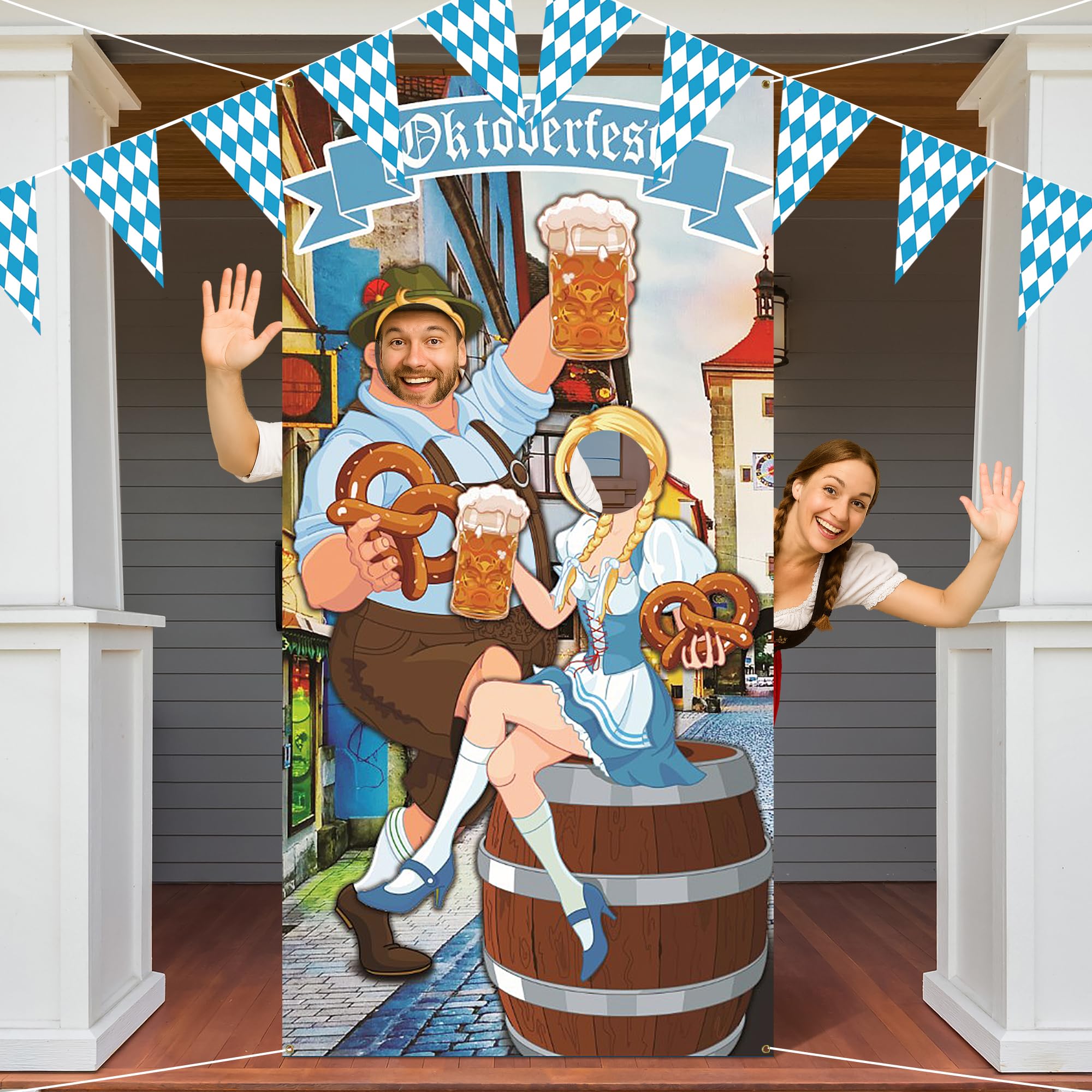 IceyyyyIceyyyy Oktoberfest Photo Prop Set - 6 x 3.3ft Oktoberfest Photo Door Banner Backdrop Props and 22ft Oktoberfests Bavarian Flag Pennant Banner for German Themed Party Decorations