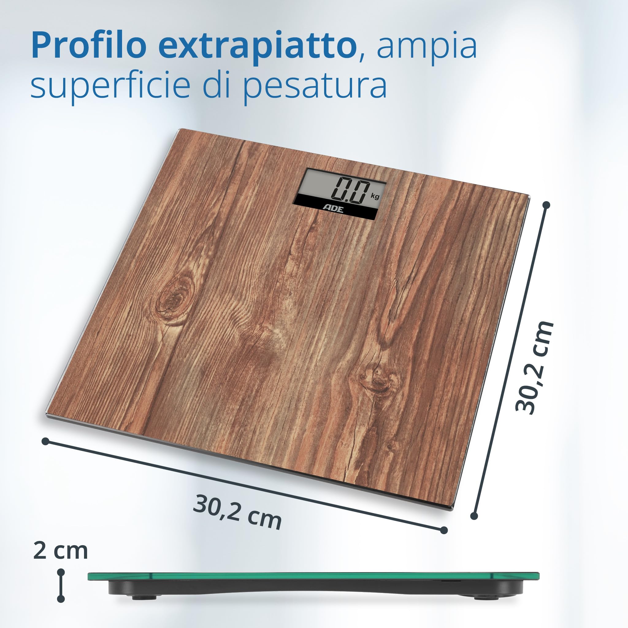 ADE Bilancia pesapersone digitale in accogliente look legno | ampio display | superficie di pesatura antiscivolo in vetro di sicurezza | risultati di pesatura accurati | fino a 180 kg