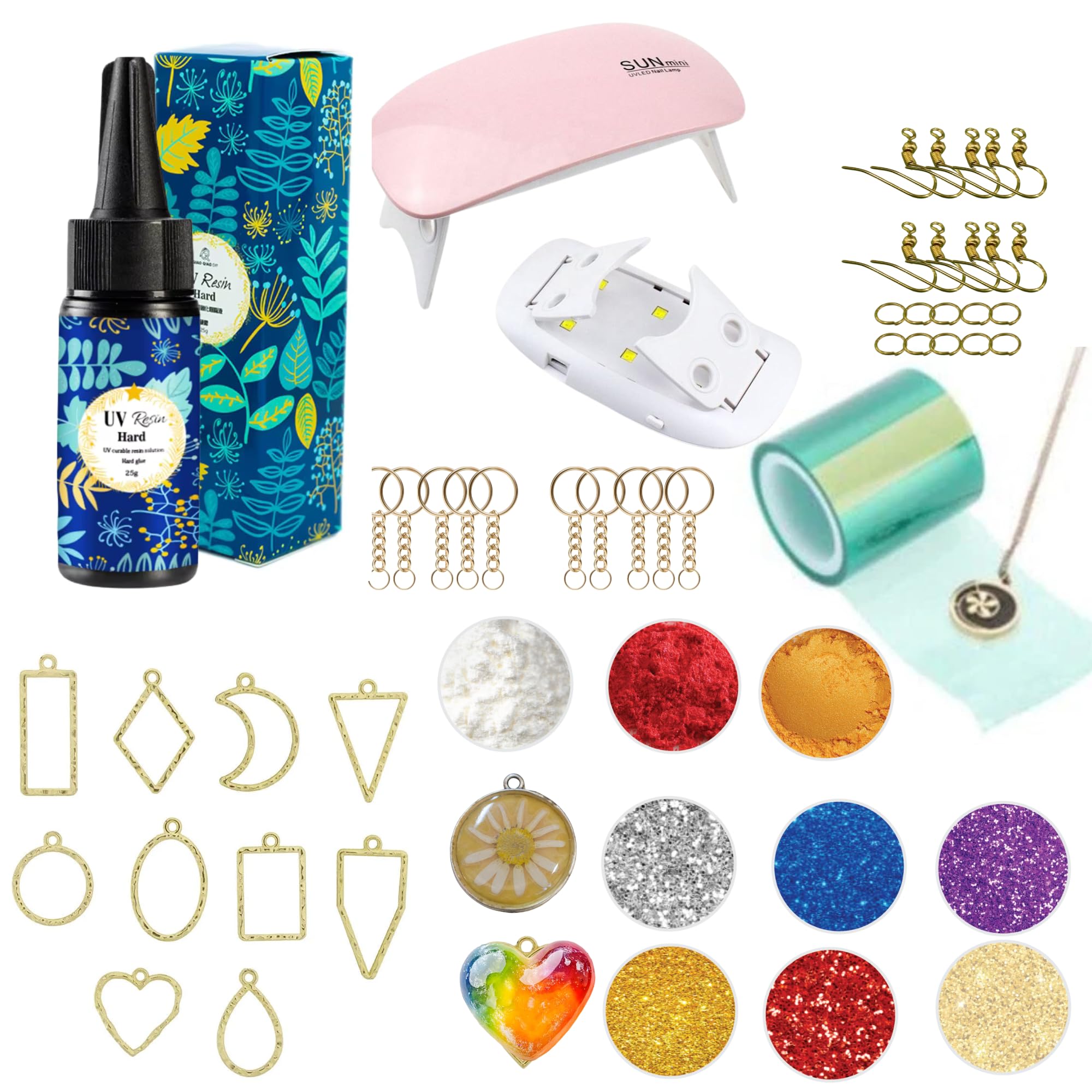 exploralearn 25gm UV Resin Jewellery Making Set for Beginners | Includes 10 in 1 Embossed Bezels Set, Curing Light, UV Tape,10 Key Chain,10 Earring Hoops,6 Glitter & 3 Mica for Jewellery-image-49