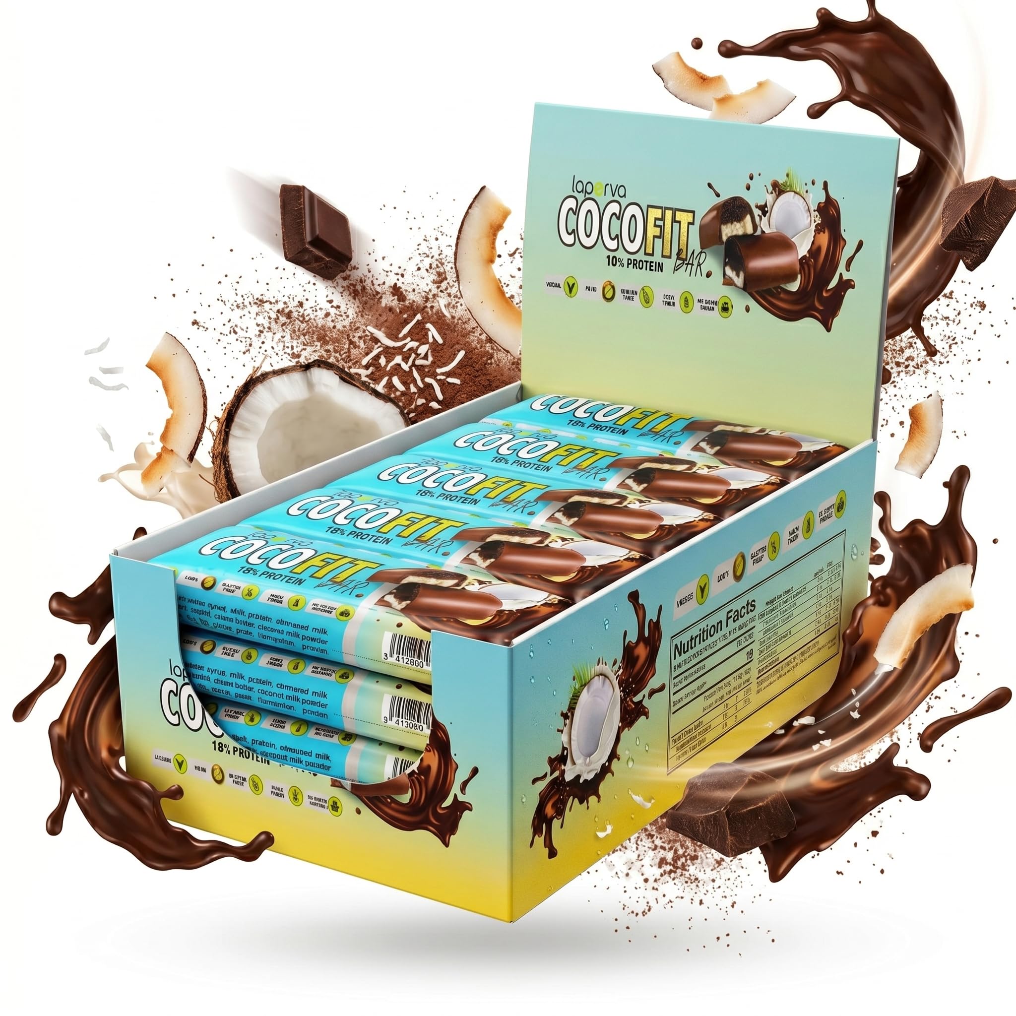 Laperva Barre Protéinée Coco Fit Chocolat & Noix de Coco, Snack Riche en Protéines, Faible Sucre, Végétarien, Keto Friendly, Soutien Énergie, Boîte de 18 PCS