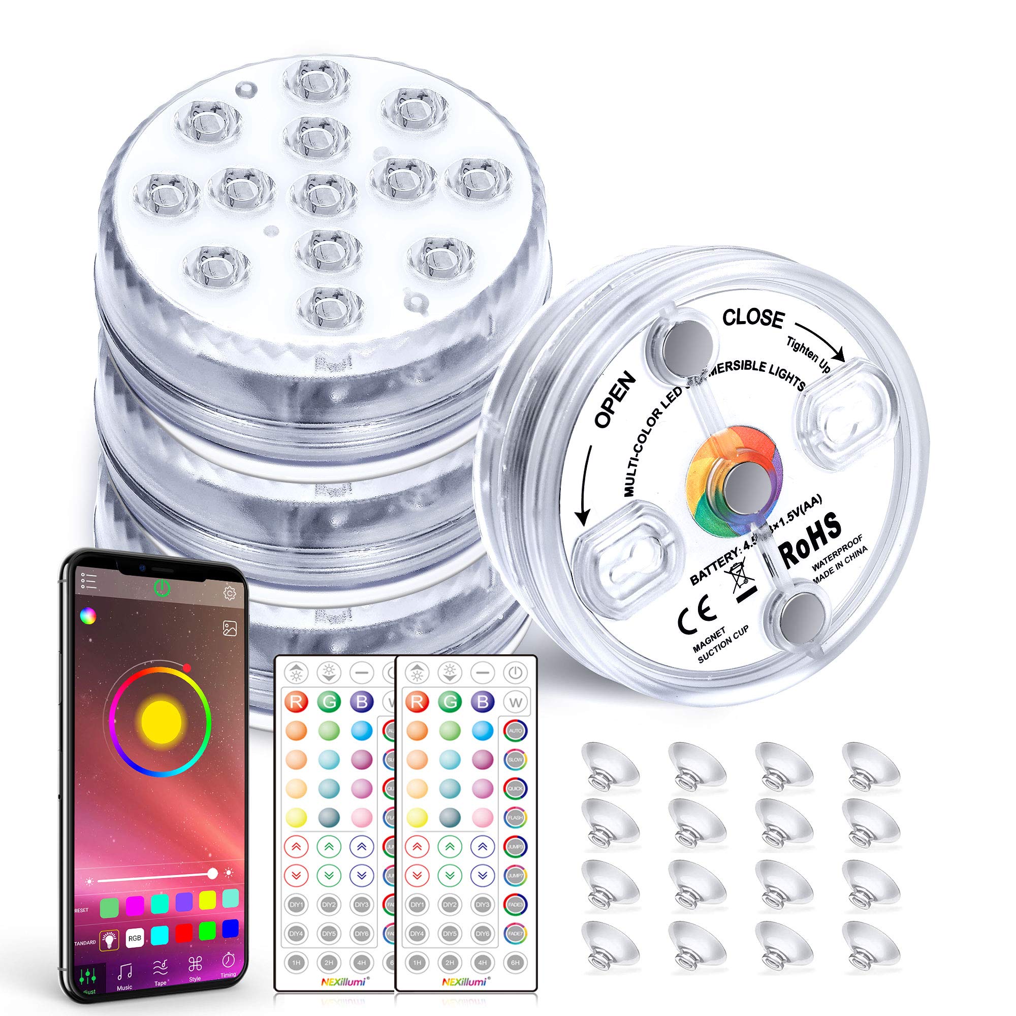 Upgraded Submersible Pool Lights with 44-Key RF remote and App control, IP68 waterproof 16 Million Colors SMD 5050 LED swimming pool lights for inground pool, vases, fish tanks, parties, patios(4Pack)