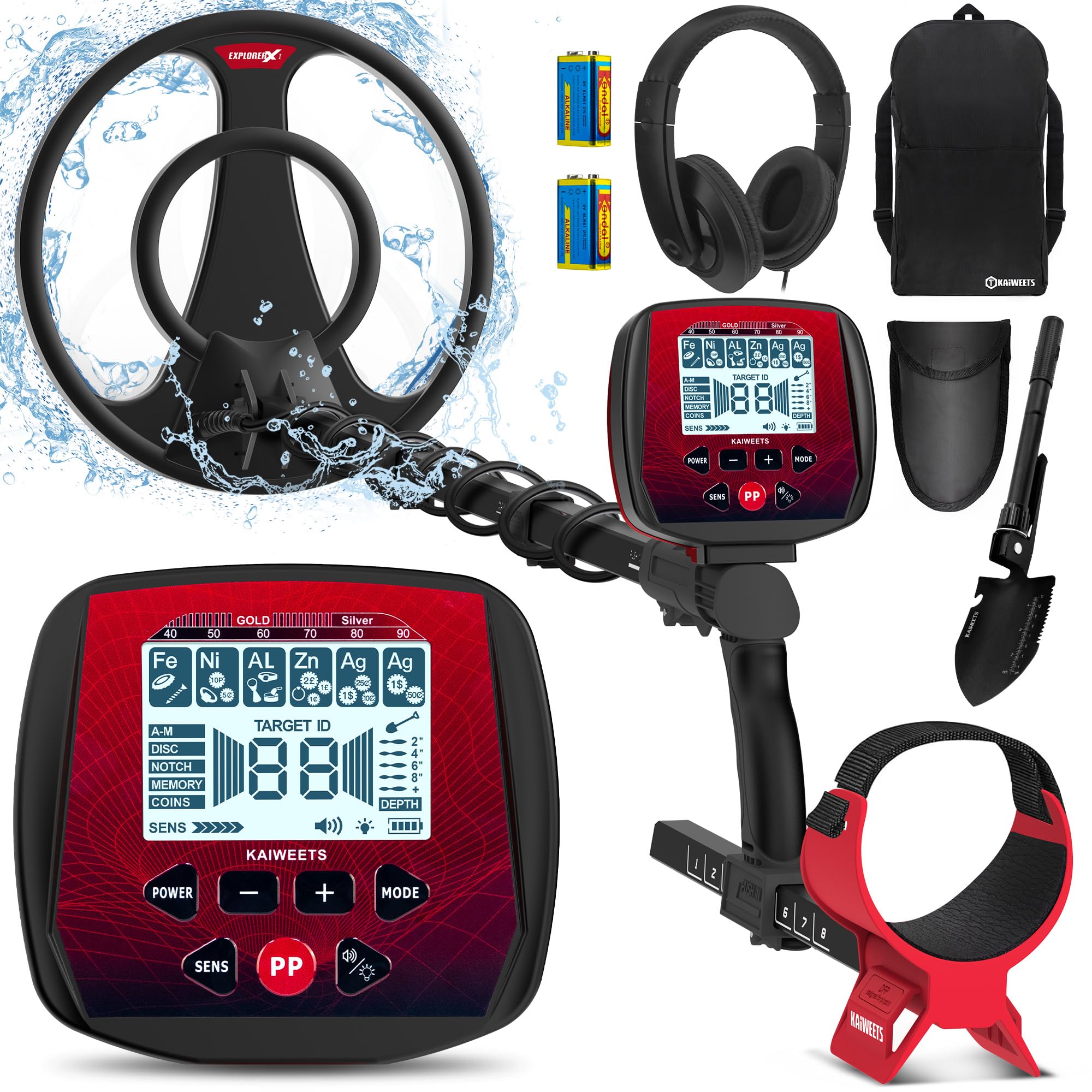 KAIWEETS KGM01H Metal Detector main unit with search coil, control panel, and armrest.