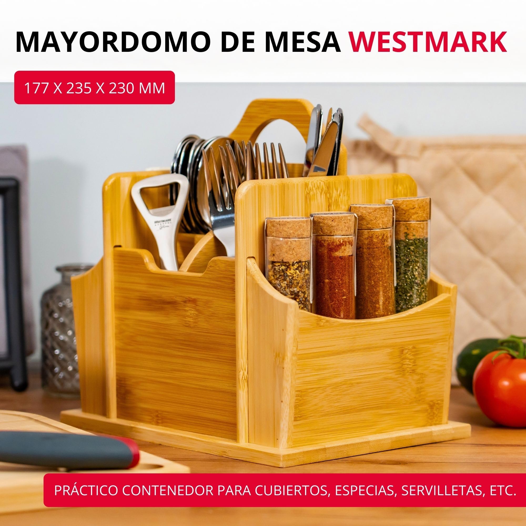 Organizador Tapas + Friends Westmark – práctico organizador de mesa con 7 compartimentos, cesta para cubiertos y servilletas, portautensilios para mesa y fiesta – bambú