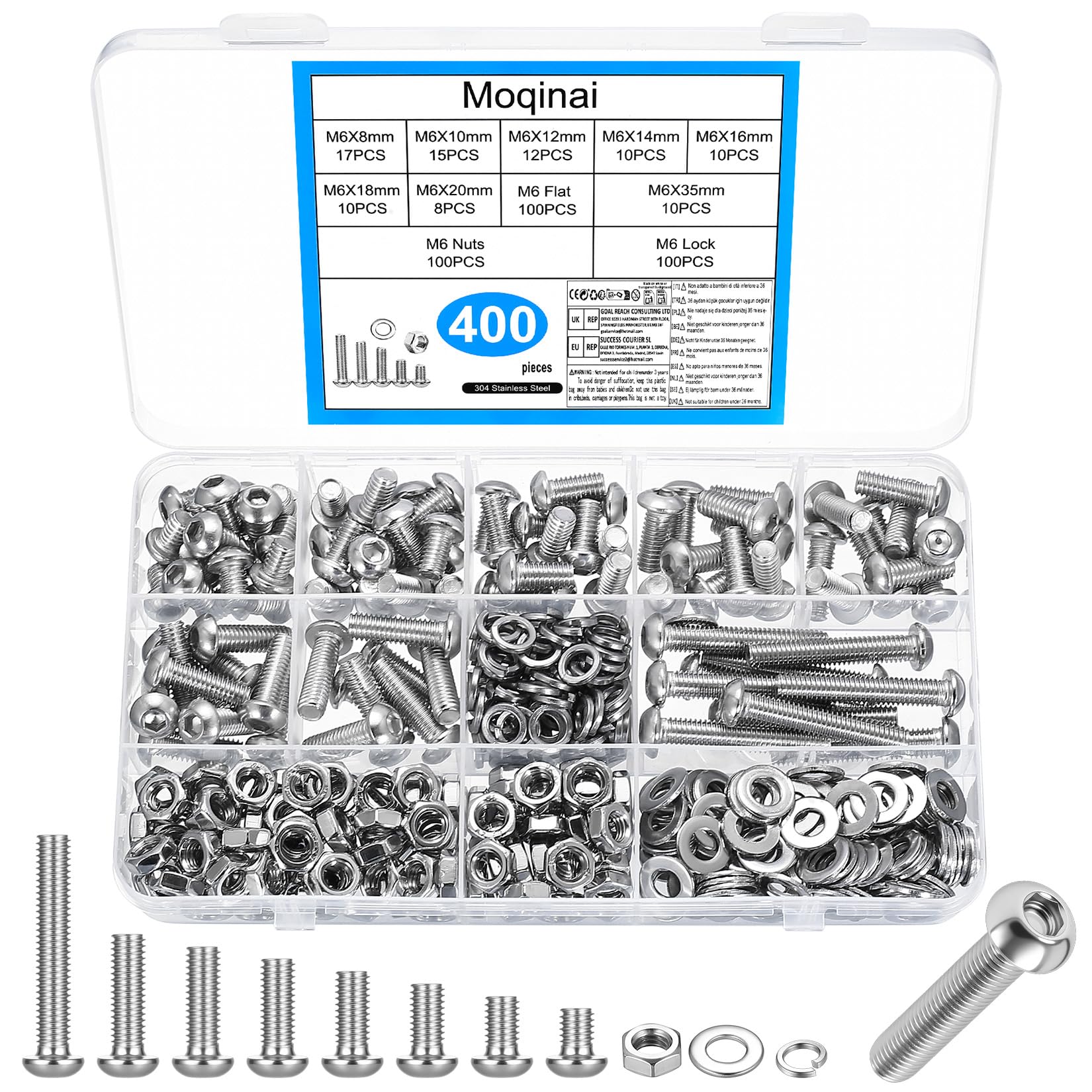 400 PCS M6 Screw Set Stainless Steel A2, Button Head Hex Socket Screws Nuts Set, Machine Screws and Nuts Kit, Small Metric Thread Screws Set, Round Head Screws with Washers Kit — image 1