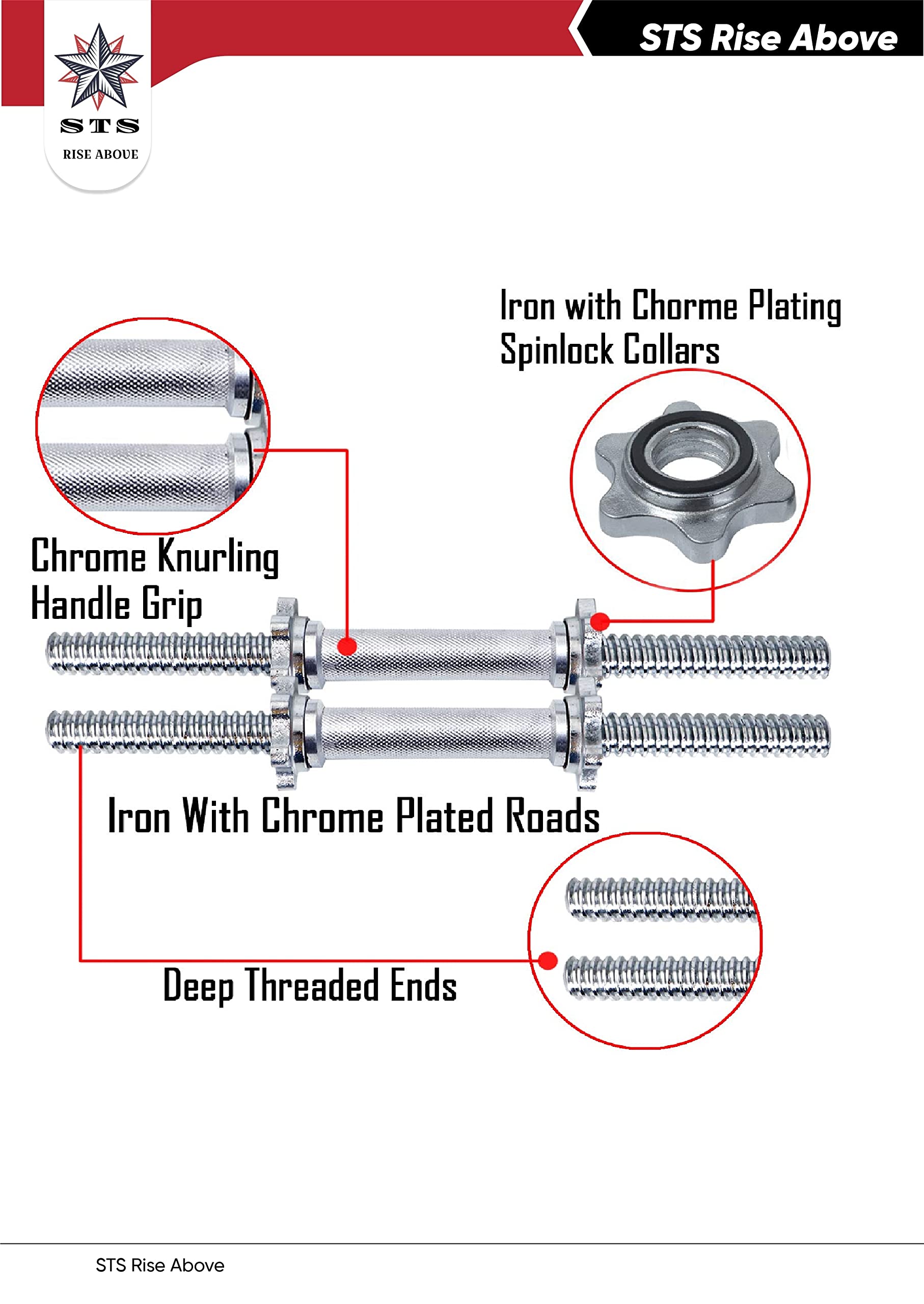 STS Heavy Dumbbell Rod Steel Iron 18 inch fo 30mm and above weight plates Threaded with STAR COLLAR 2