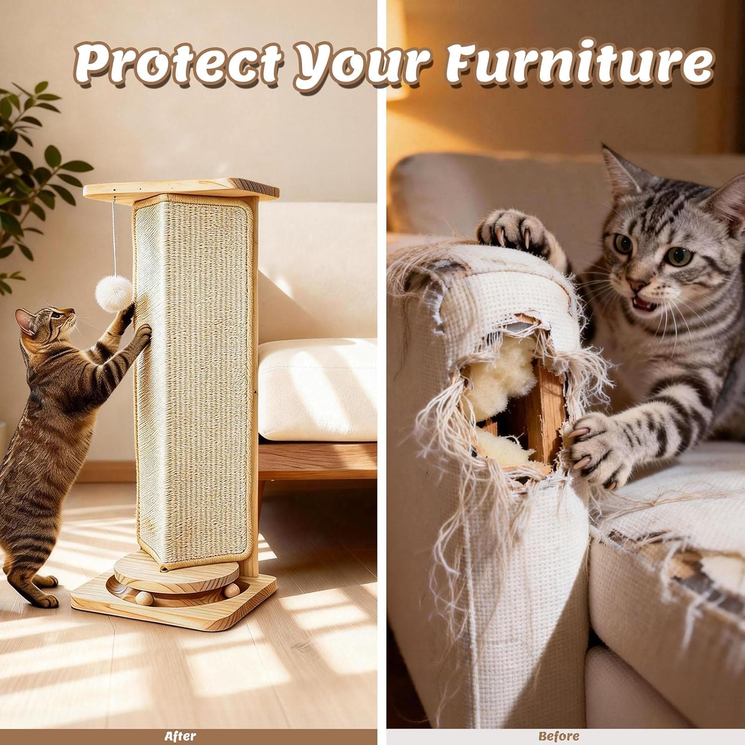 Couch Cat Corner Scratcher with Interactive Ball Toys for Cat, Replaceable Sisal Scratch Pad, Kitten Wall Scratcher for Couch, Wall Furniture Protector 25''