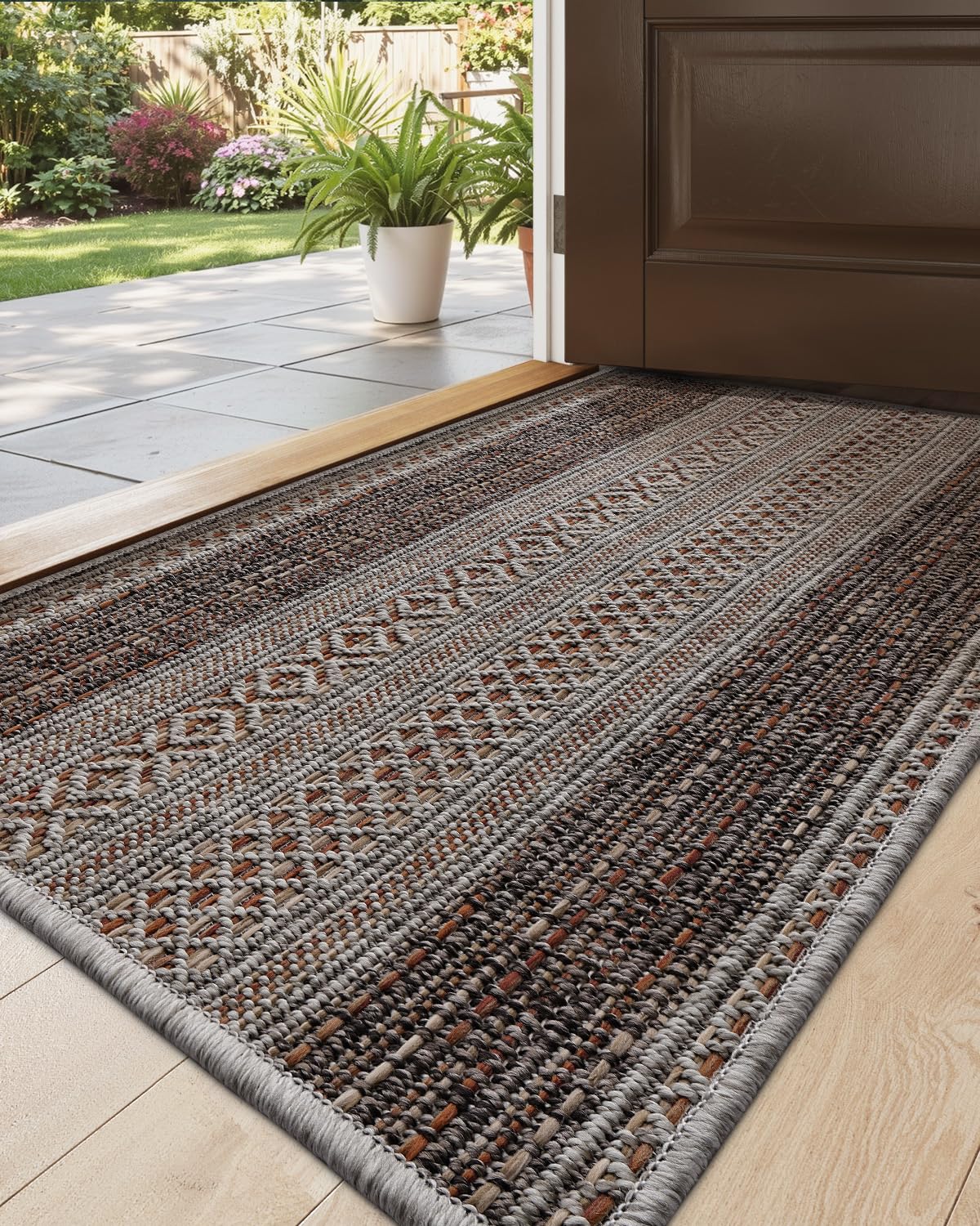 dexi dirt trapper door mat, 24x39 washable doormat, dirt resistant and absorbent, easy clean low-profile floor rugs for entryway, front door, and inside entrance, striped brown