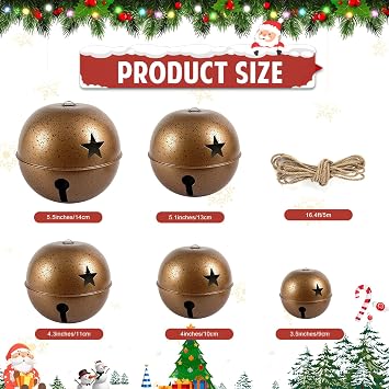 5 Pcs Giant Christmas Sleigh Bells Christmas Tree Ornaments Vintage Metal Bells with Jute Hanging Rope for Xmas Door Fireplace Home Decor