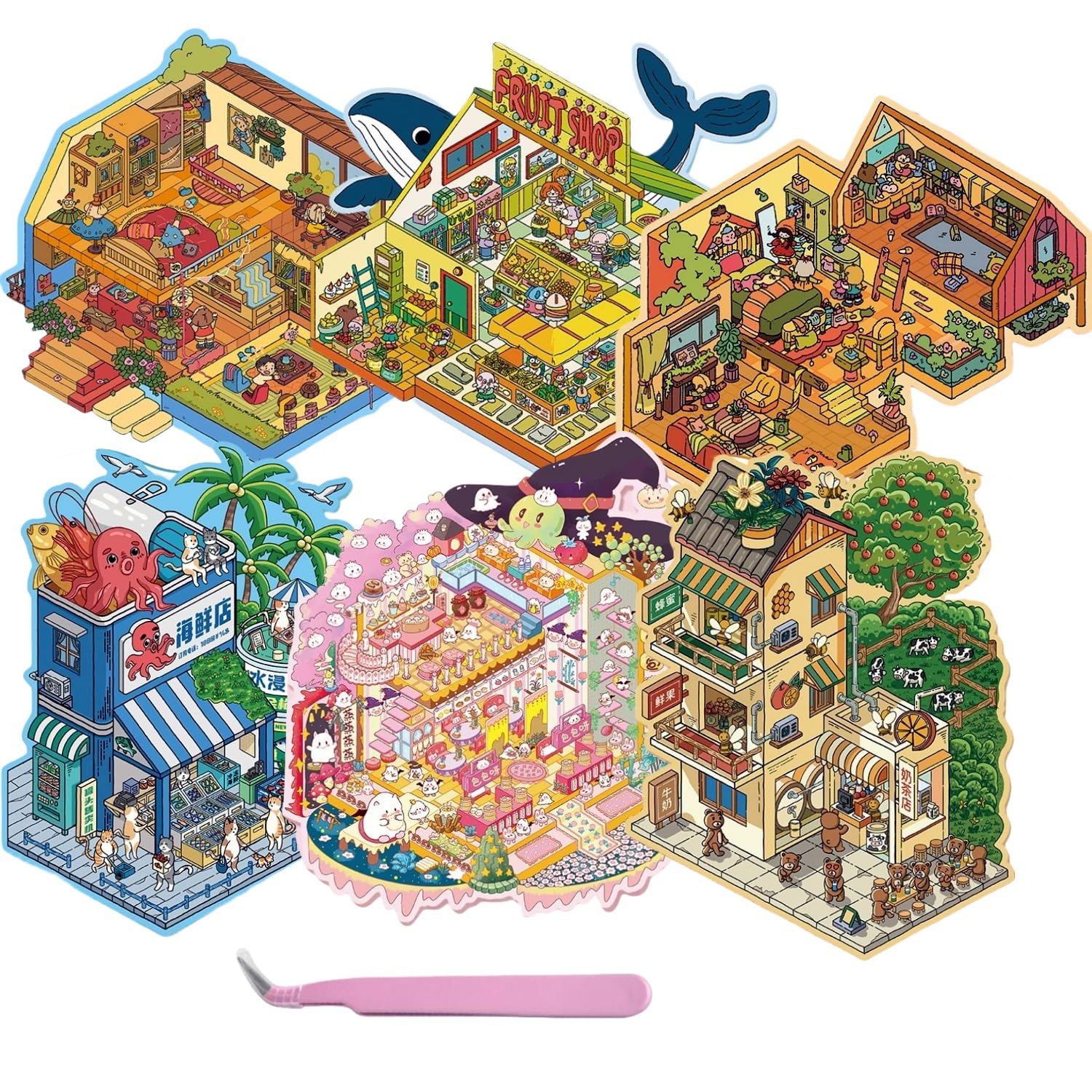 6 Sets Large Size 3D Miniature Scene Stickers,DIY House Sticker Therapy for Adult Cute 3D Cartoon Sticker Scenes for Adult Kids Relief Stress Pass The Time
