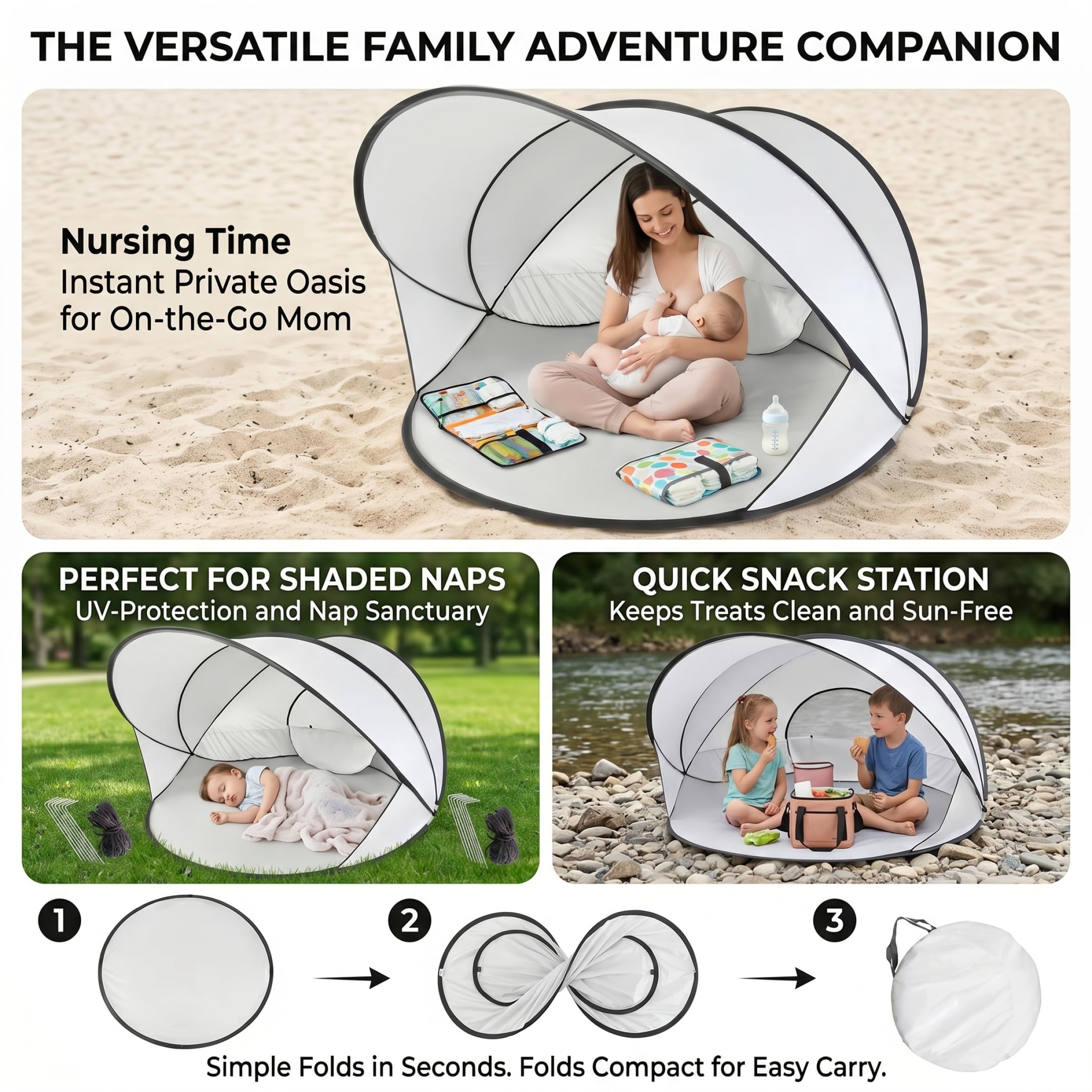 Tienda de campaña para bebés Tienda de Playa para 2-3 Personas Refugio Solar instantáneo UPF 50+ Sombra portátil para Exteriores Blanca de campaña para bebés de Playa instantán
