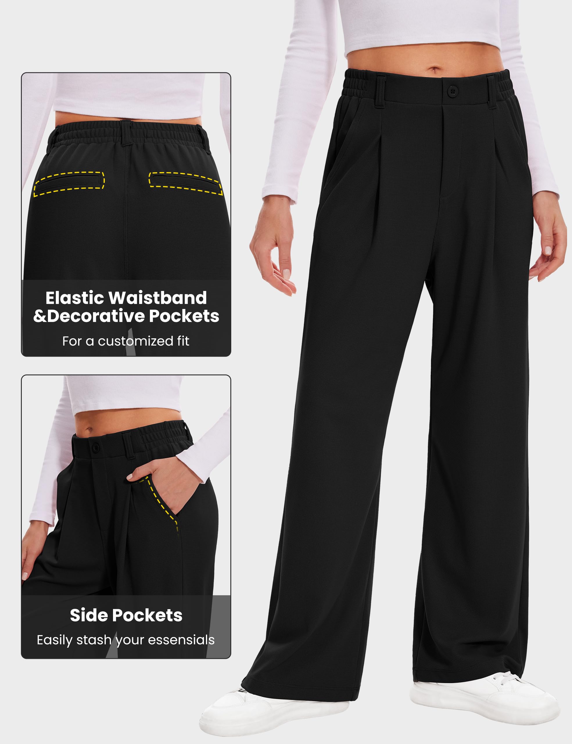 Desol Pantalones largos de gofre, pantalones largos de palazzo, elegantes pantalones de tela, pantalones de traje para mujer, pantalones anchos de verano con bolsillos, cintura alta, pantalones para