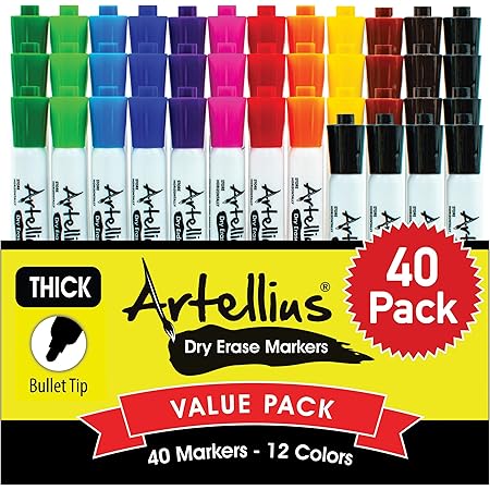 40 Pack of Dry Erase Markers (12 ASSORTED COLORS W/ 7 EXTRA BLACK) - Thick Barrel Design - Perfect Pens For Writing on Whiteboards, Dry-Erase Boards, Mirrors, Windows, & All White Board Surfaces