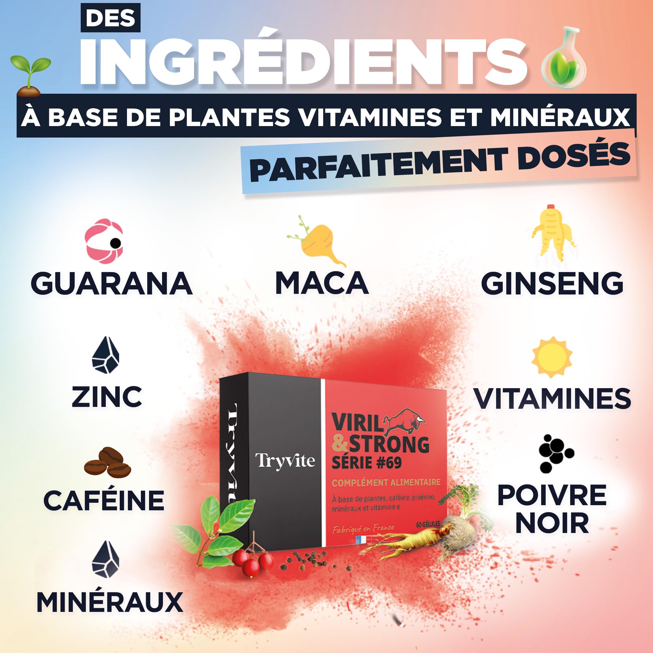 TRYVITE | Formule pour Homme actifs | 60 Gélules | Avec Ginseng -MACA- Guarana - Zinc