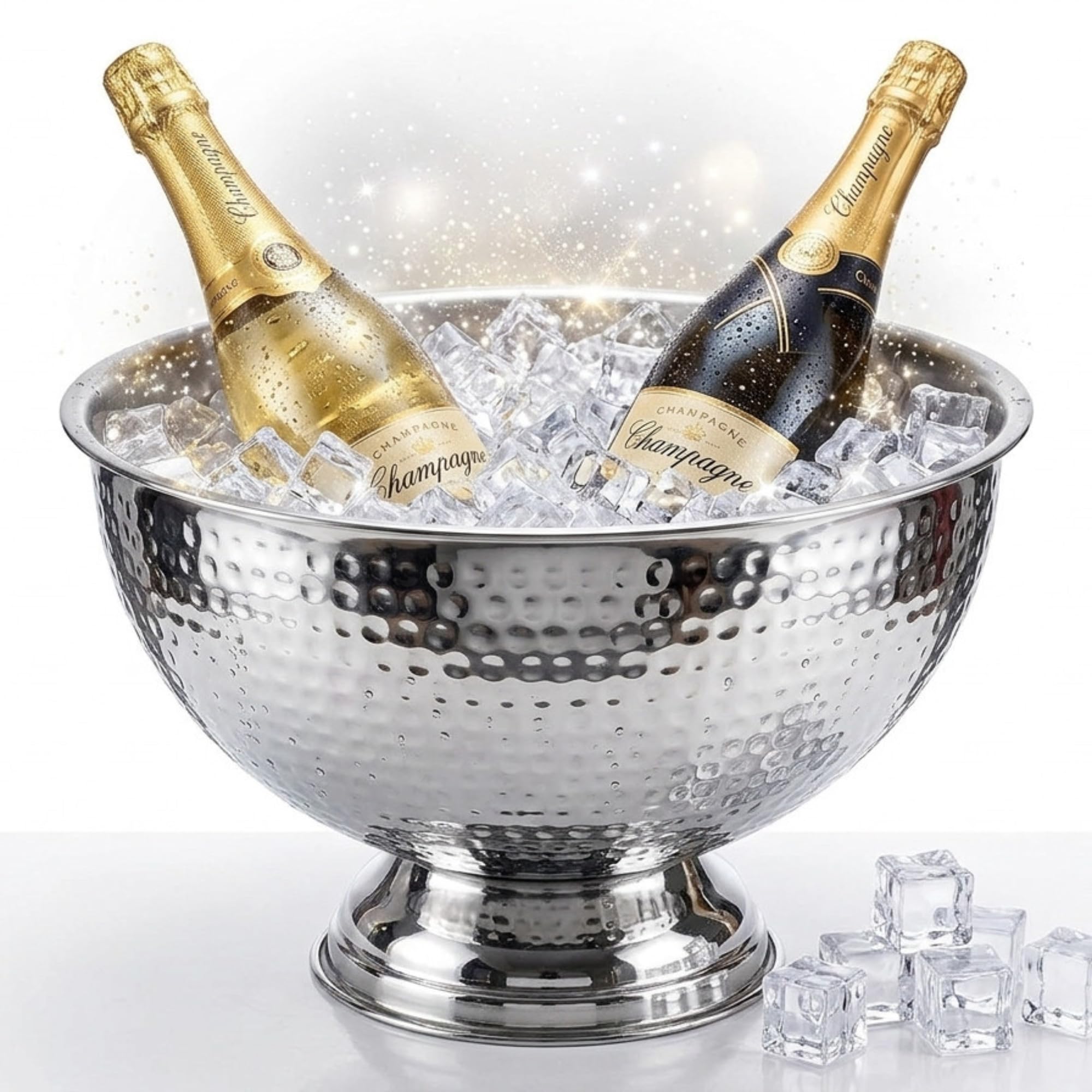 Bourgogne | Champagnerschale aus Edelstahl | Spiegelpoliert & Hammerschlag | Großer Sektkühler Ø 40cm | Weinkühler mit tiefem Standfuß | Elegantes Design für Partys & Events