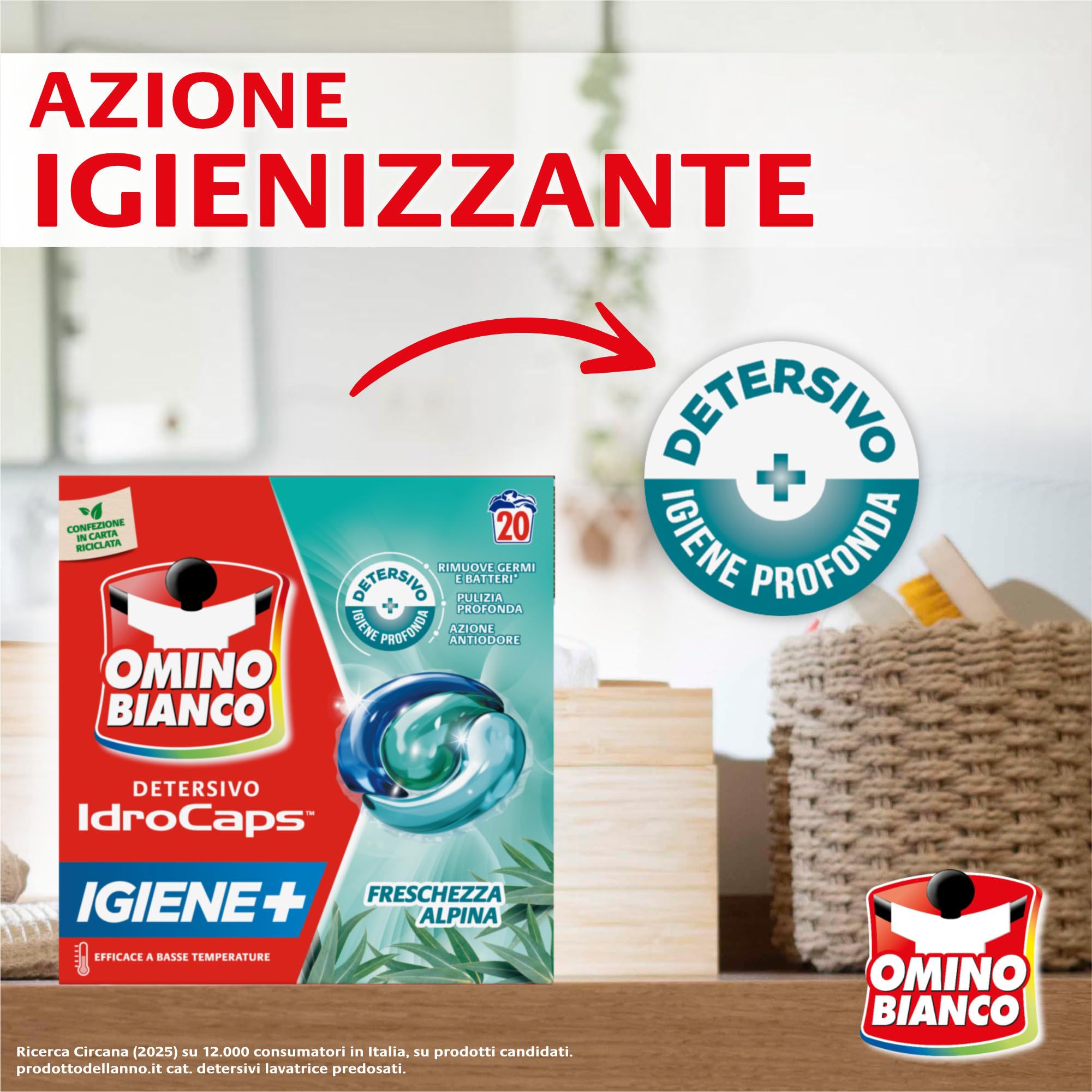 Omino Bianco Idrocaps - Detersivo Lavatrice in Capsule Igiene, 80 Lavaggi, Efficace a Basse Temperature, Profumo Freschezza Alpina, 20 Caps x 4 Confezioni