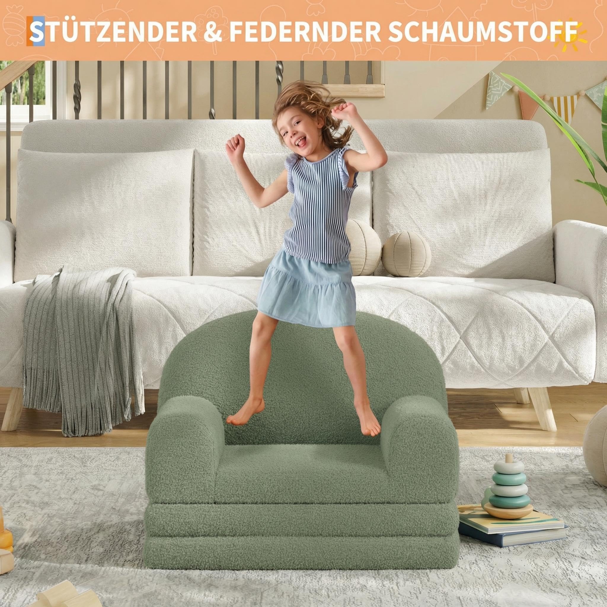 Garvee 2-in-1 Kindersofa & Loungesessel, Faltbar Kinder Sofa, Weiches Teddyfleece Kindersessel mit Abnehmbarem Bezug, Klappbarer Kindercouch als Liege, Kinder - Grün