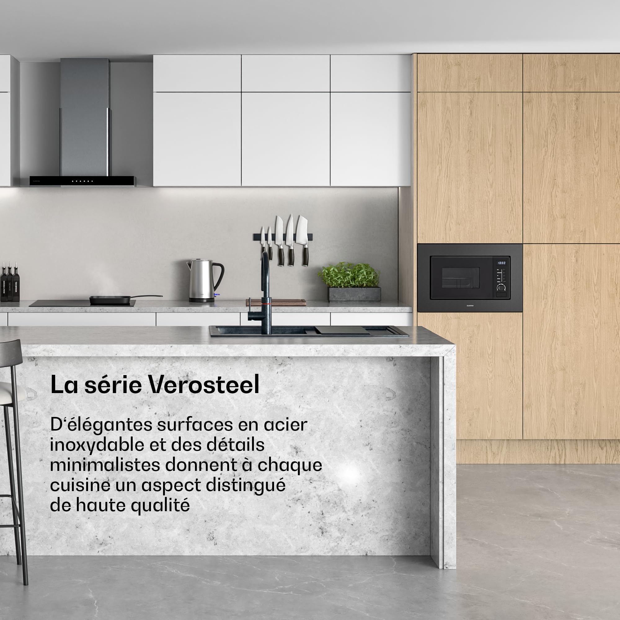 Klarstein Verosteel Micro Onde Encastrable avec Grill – 20L, 700W, 8 Programmes, Commande Tactile, Acier Inox, Plateau Verre, Four Micro Ondes Encastrable, Acier Inoxydable Noir