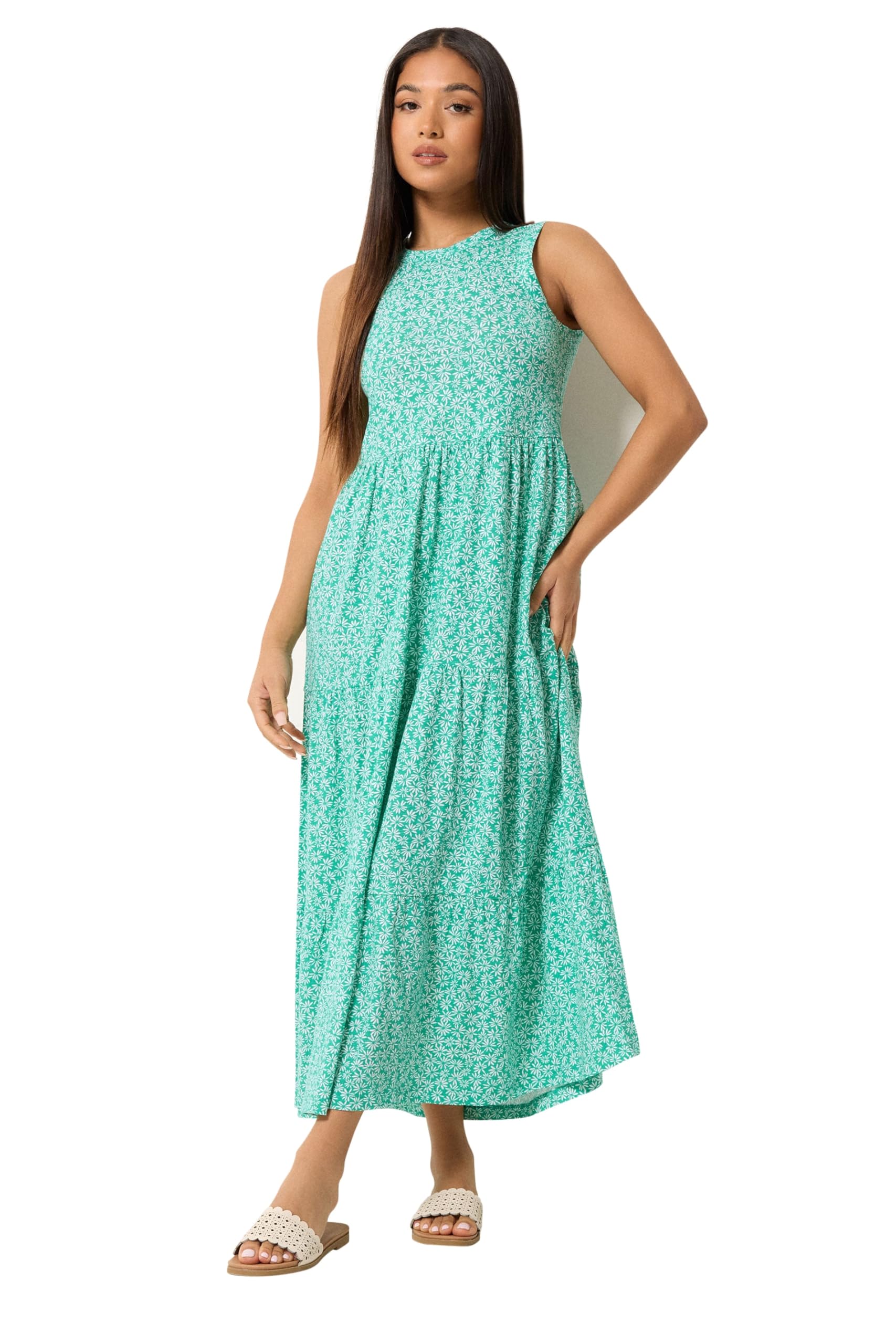 M&Co Women's Petite Ditsy Floral Tiered Cotton Maxi Dress in Green | Size: 14