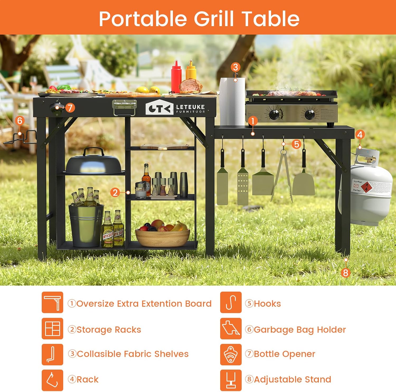 Leteuke Grill Table for Blackstone Griddle, Portable Foldable Grill Table with Storage Fits Ninja, Blackstone Griddle Stand for Outdoor Camping, Picnic, Garden, Patio, Dining, BBQ, Party